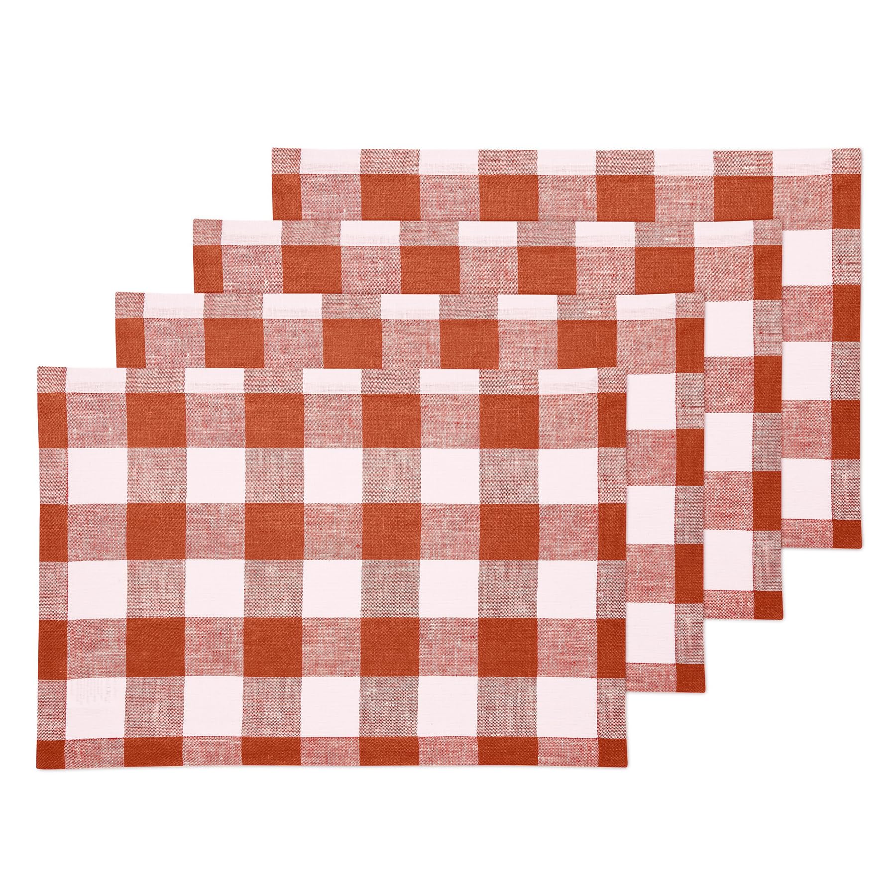 Solino Home Buffalo Check Linen Placemats 19'' L X 14'' W Inch - 100% Pure Linen Cinnamon And White Plaid Cloth Placemats Set Of