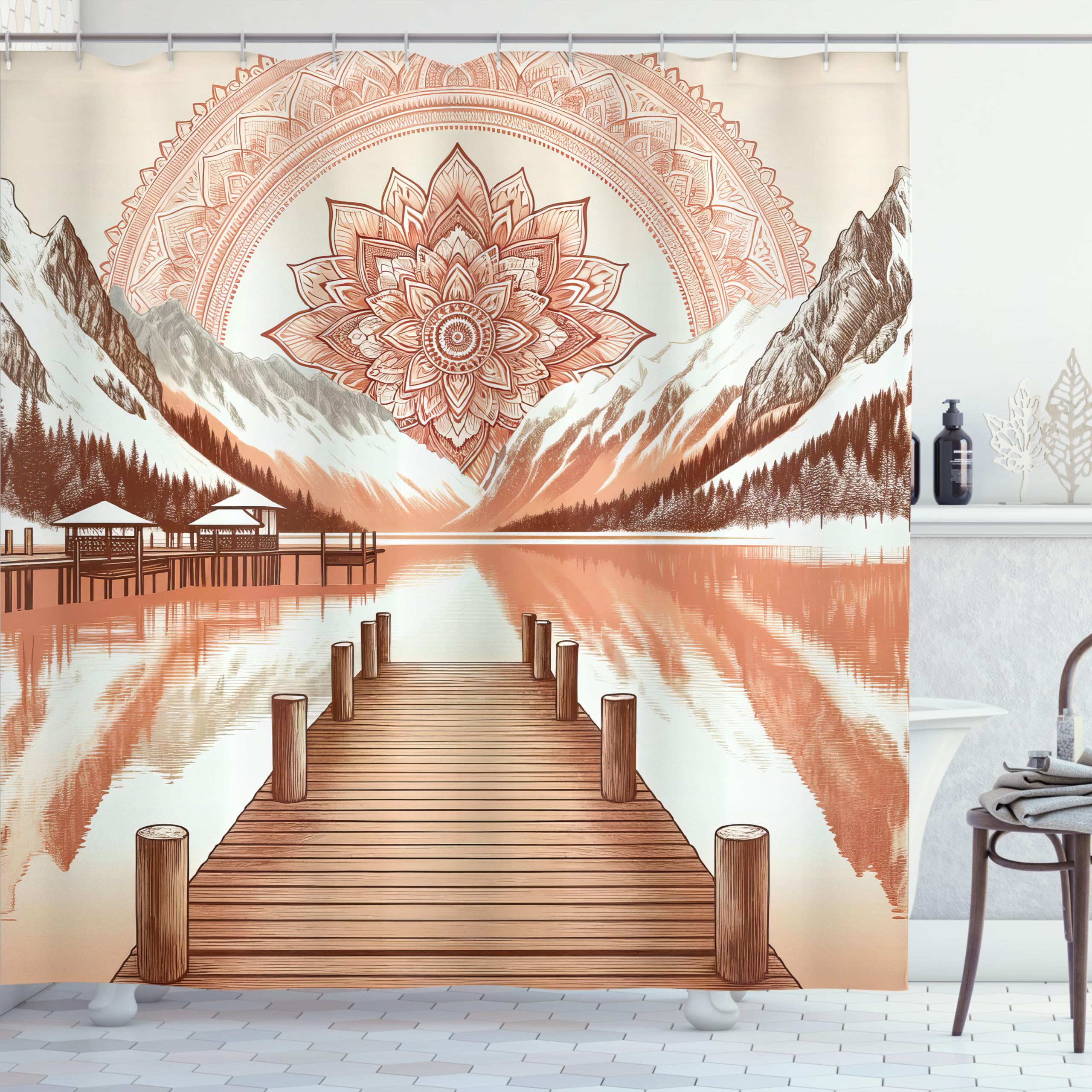 Ambesonne Lake Shower Curtain, Mountains Wooden Pier And Eastern Cultural Mandala In Peachy Colors, Cloth Fabric Bathroom Decor