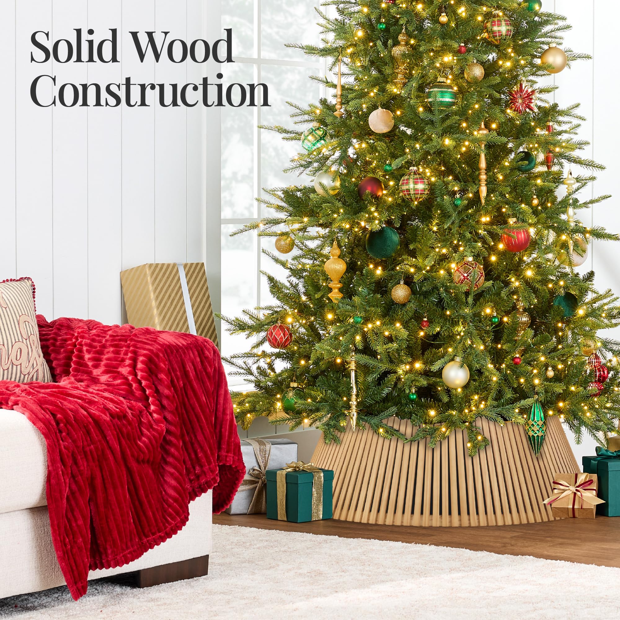 Best Choice Products 36in Christmas Tree Collar, Solid Wood Slatted Tree Skirt Holiday Accessory for Home - Natural