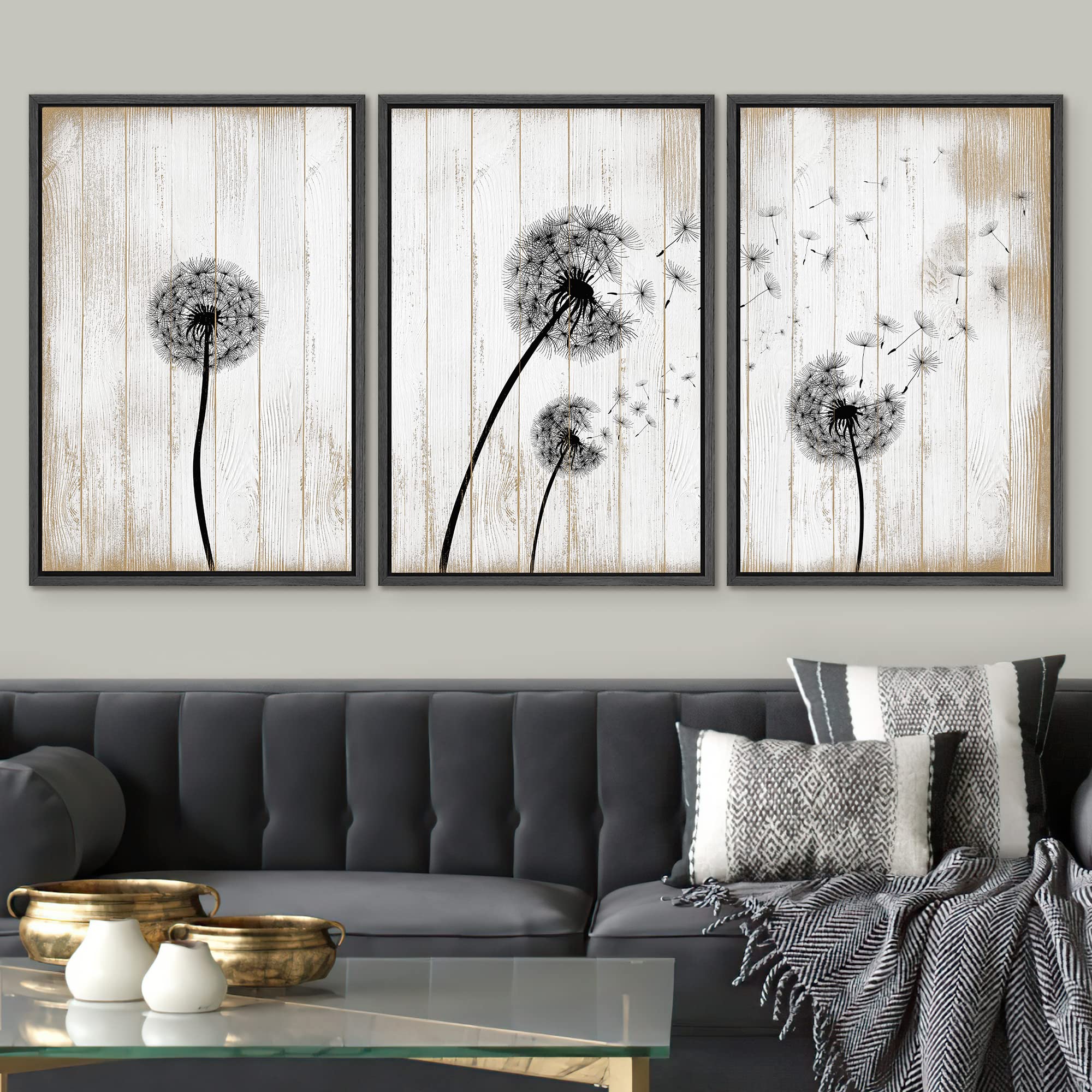 Signwin 3 Piece Framed Canvas Wall Art Dandelion On Wood Background Canvas Prints Home Artwork Decoration For Living Room,Bedroo