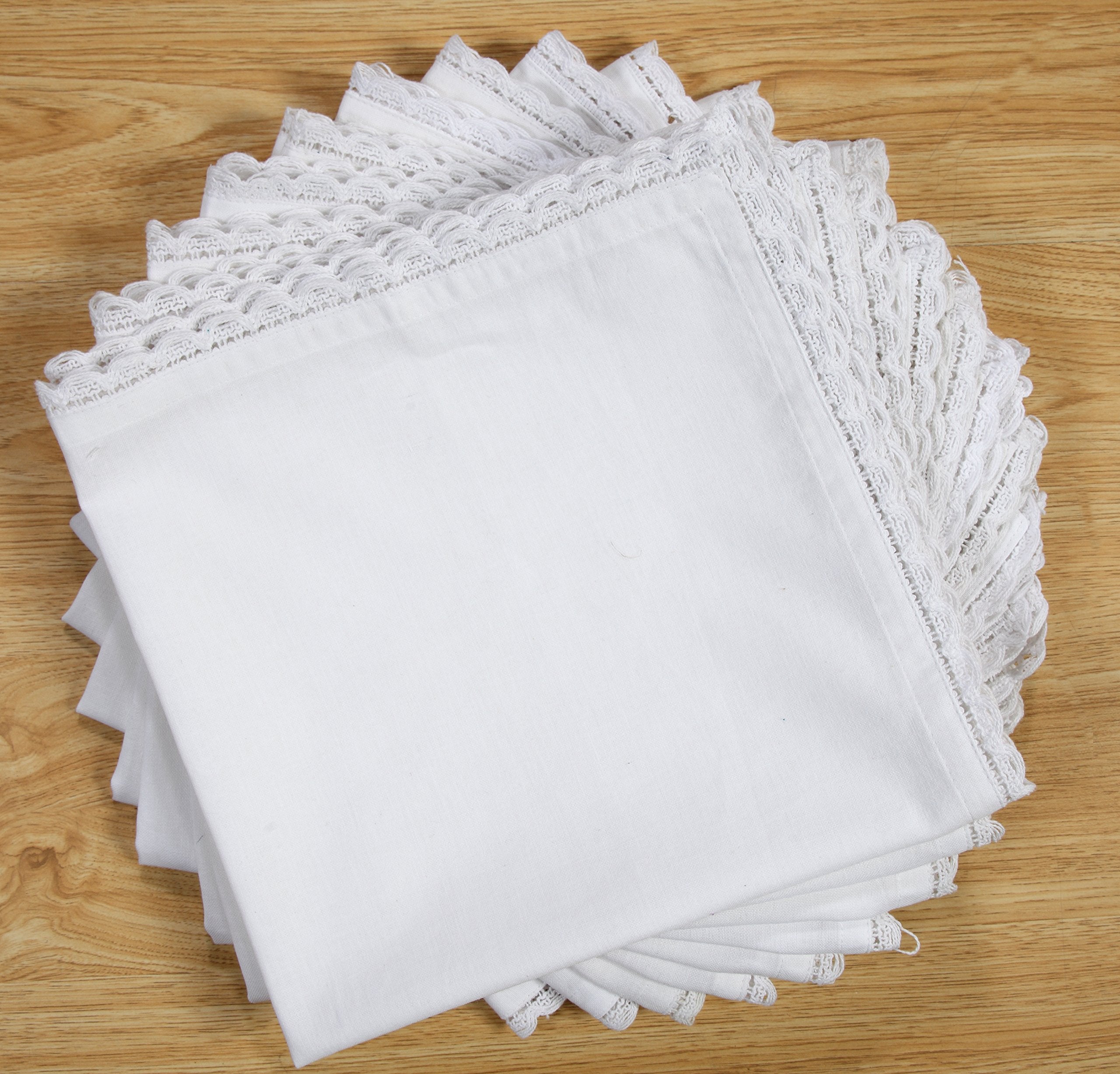 Linen Clubs - Cotton Slub Dinner Napkins With Crochet Lace - White - 16X16 (Set Of 6) - 100% Cotton Slub With Linen Look