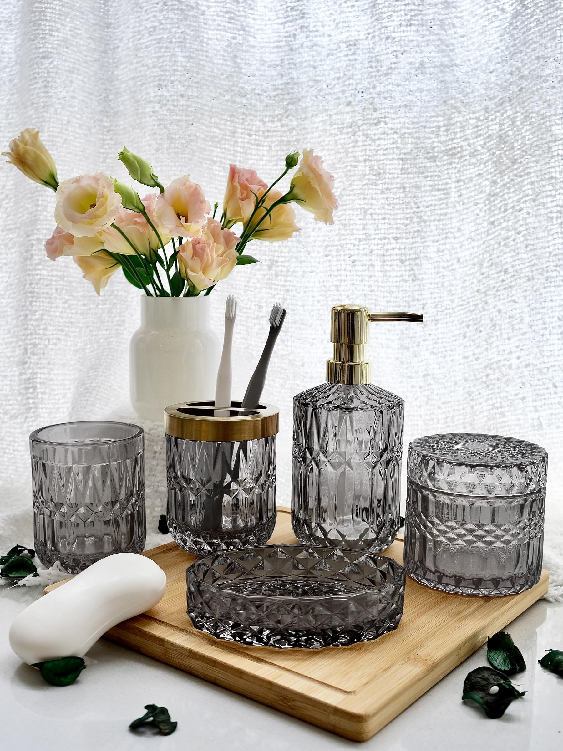 LaMarriti 5Pcs Black Glass Bathroom Accessory Complete Set  Lotion Dispenser  Soap Dish  Toothbrush Holder Set  Tumbler  Cotton Swab Jars  Vintage Bathroom Decor and Gift Set  Grey Black