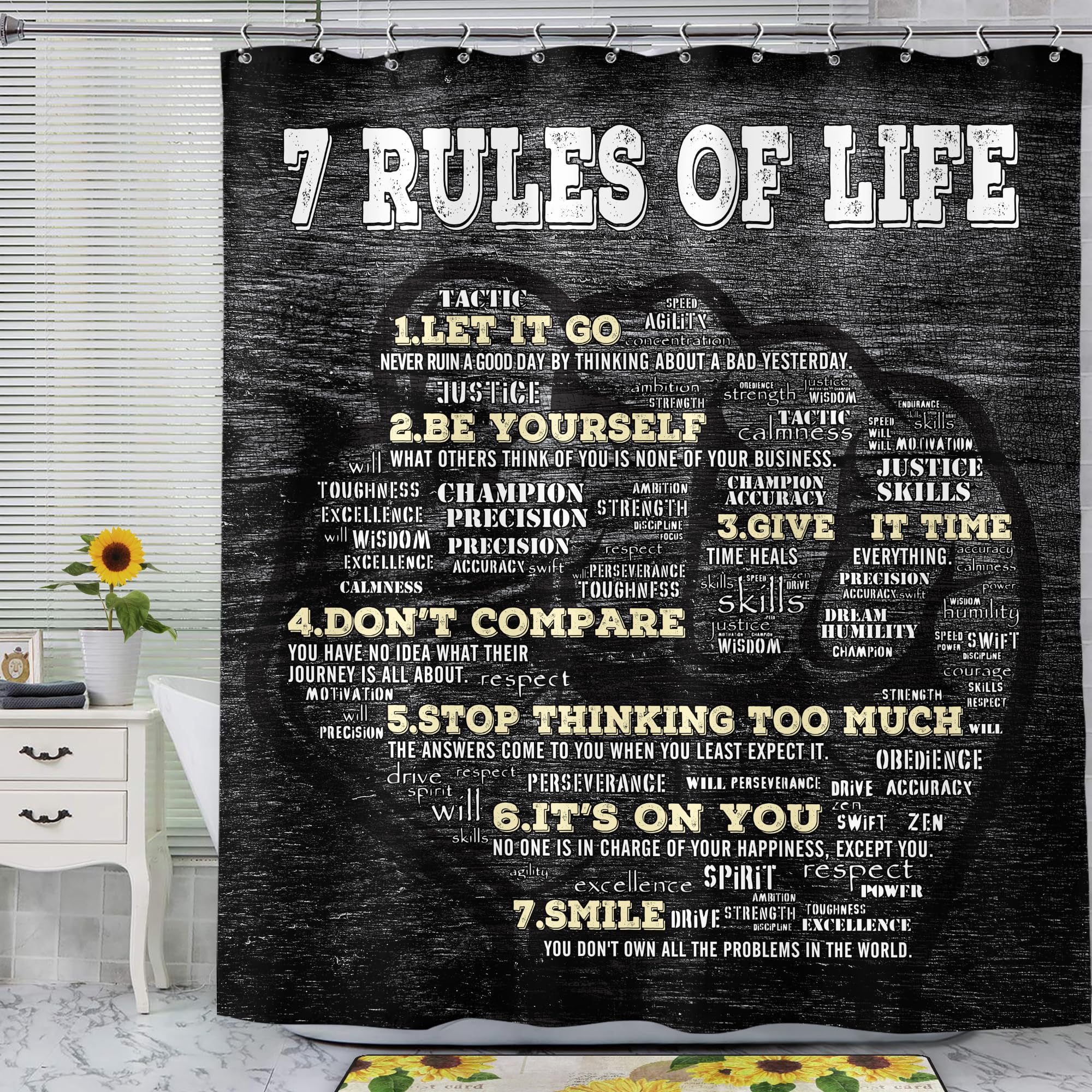 Svbright Mens Motivational Quotes Shower Curtain 60Wx72L Inch Black Inspirational Words Rules Of Life Cool Fist Boys Man 12 Pack