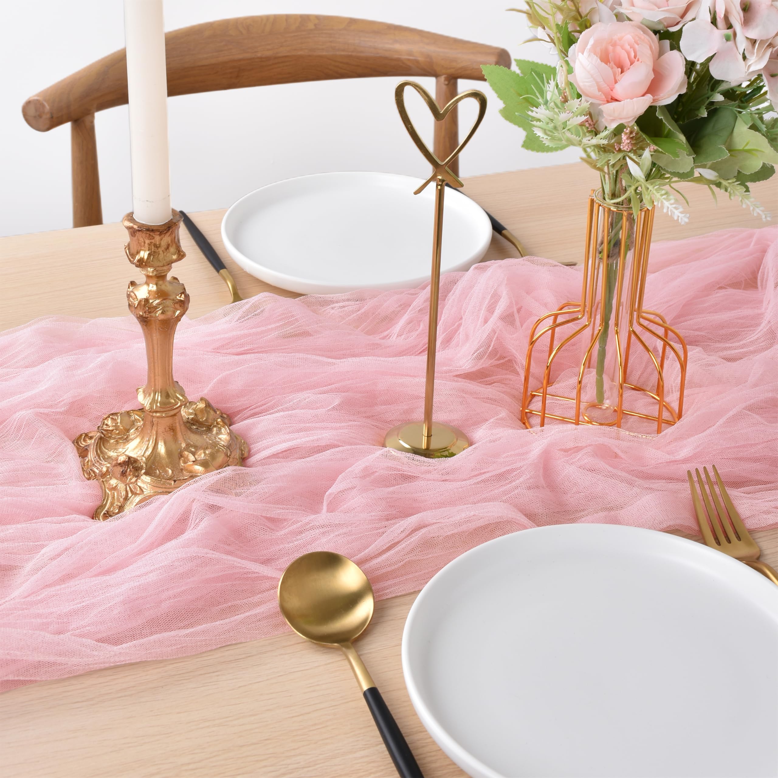 Joanlody Blushing Pink Cheesecloth Table Runner 10Ft Rustic Gauze Cheese Cloth Table Runner Boho Easter Spring Summer Table Runn