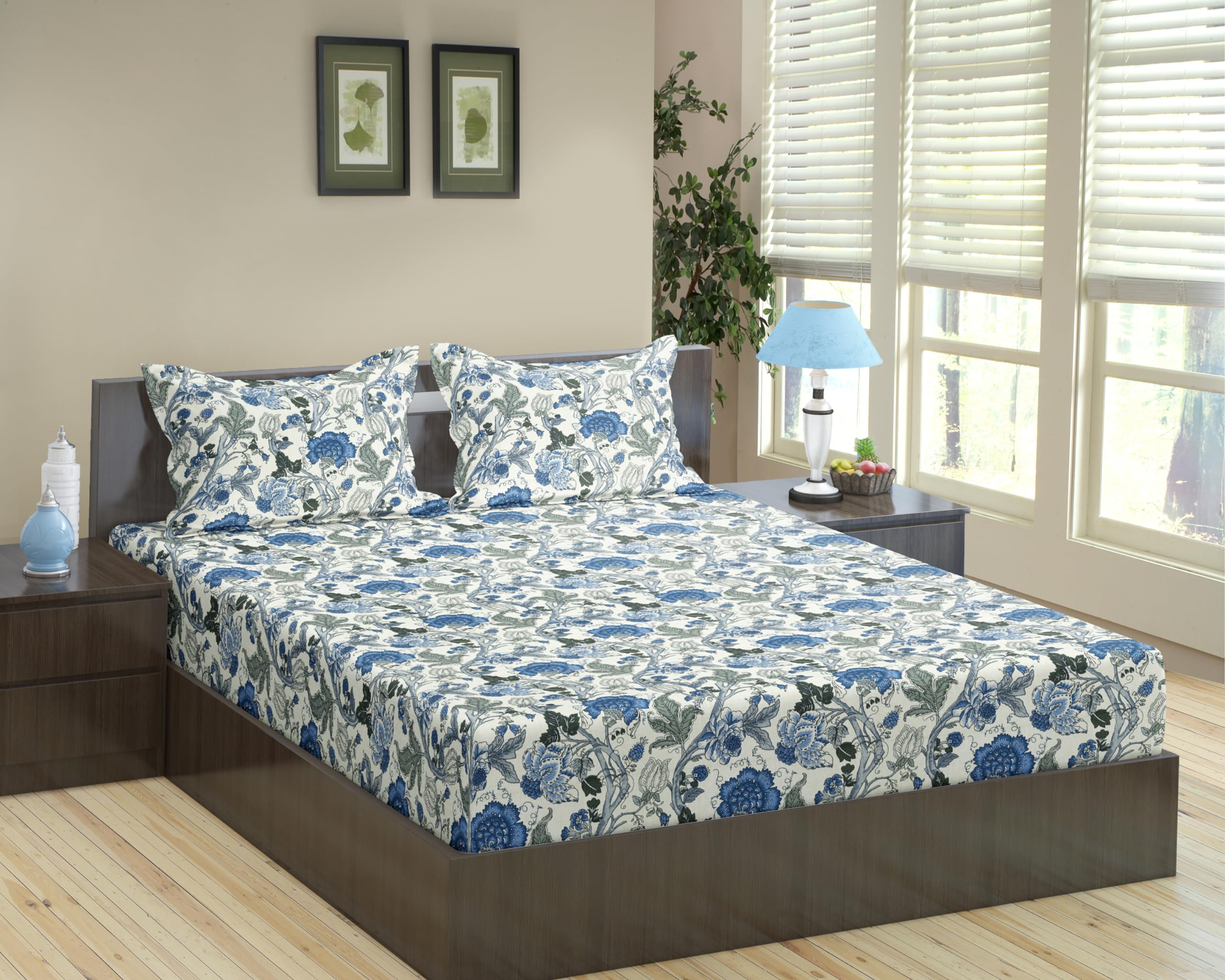 Trance Home Linen 180Tc 100% Cotton 78X72 Standard King Size Elastic Fitted Bedsheet | Printed King Bed Size Elasticated Fitted 