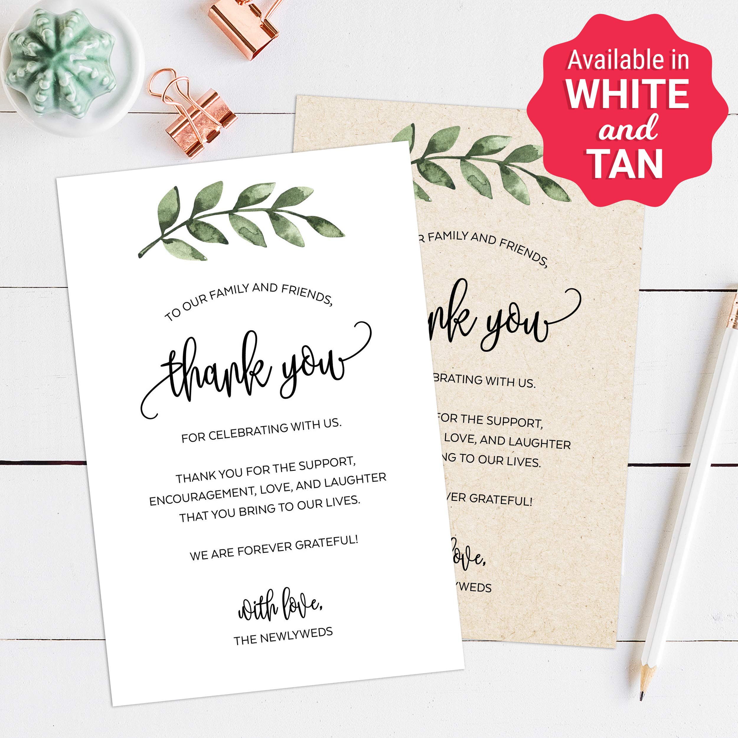 321Done Greenery Thank You Place Setting Cards, 4X6 White, Made In Usa - Watercolor Green Leaves, Table Placecards For Wedding,