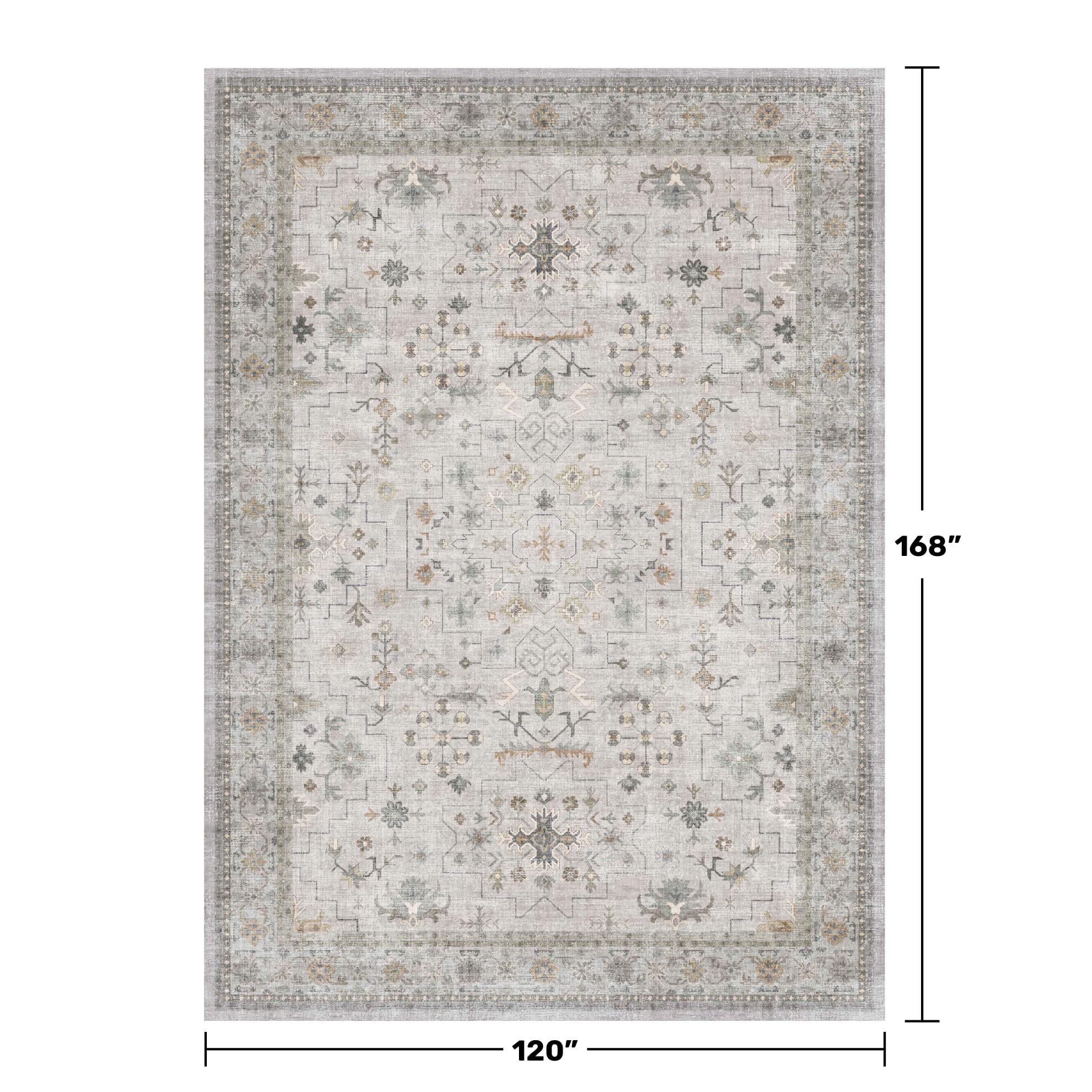 Hazo Haus Boho Light Grey Living Room Rug 10x14 - Modern Vintage Eclectic Floral Pastel Neutral Taupe, Washable Low Pile Non-Sli