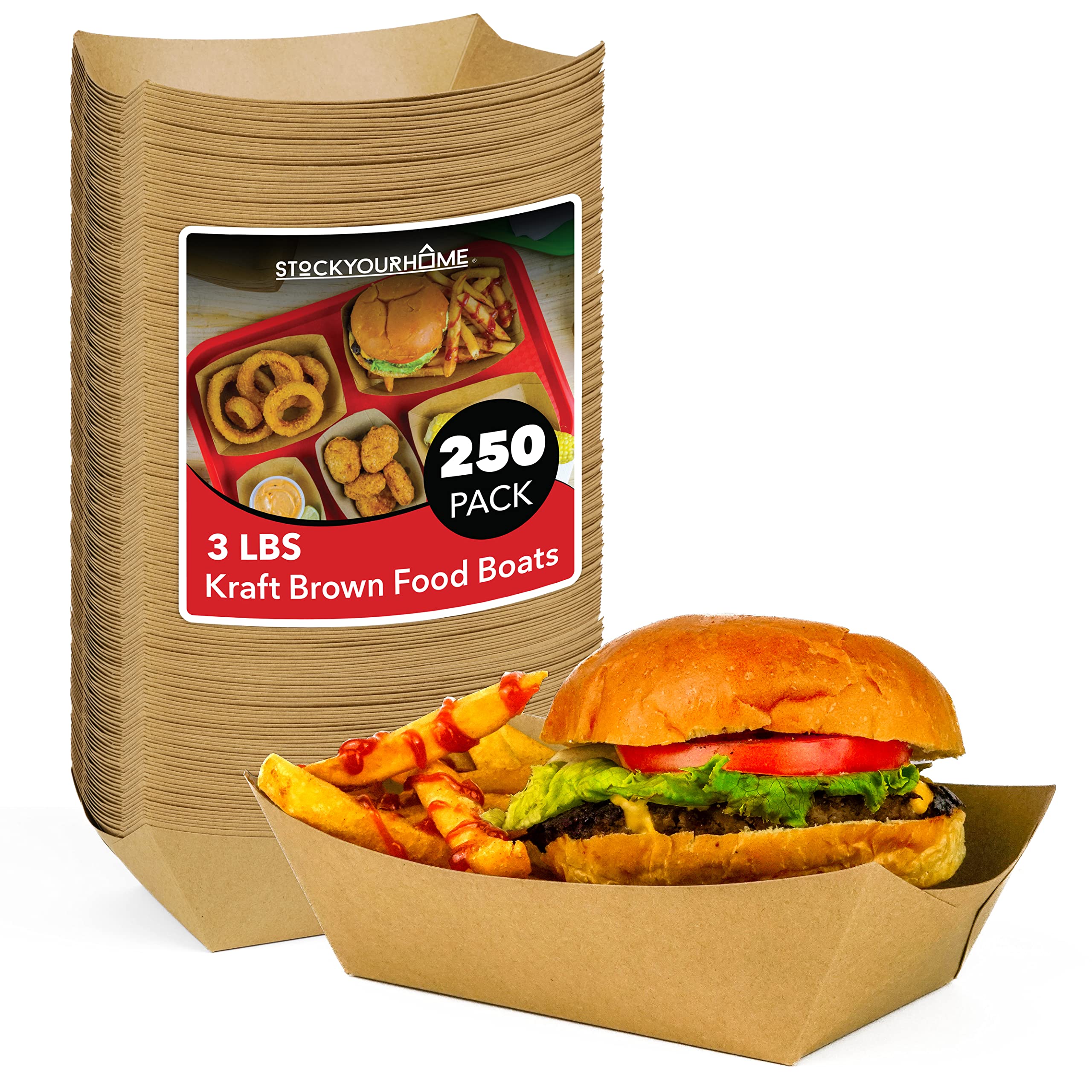 Stock Your Home [250 Pack] Extra Large Disposable Brown Kraft Paper Food Trays, 3-Lb Concession Tray, Serving Boats for Party Sn