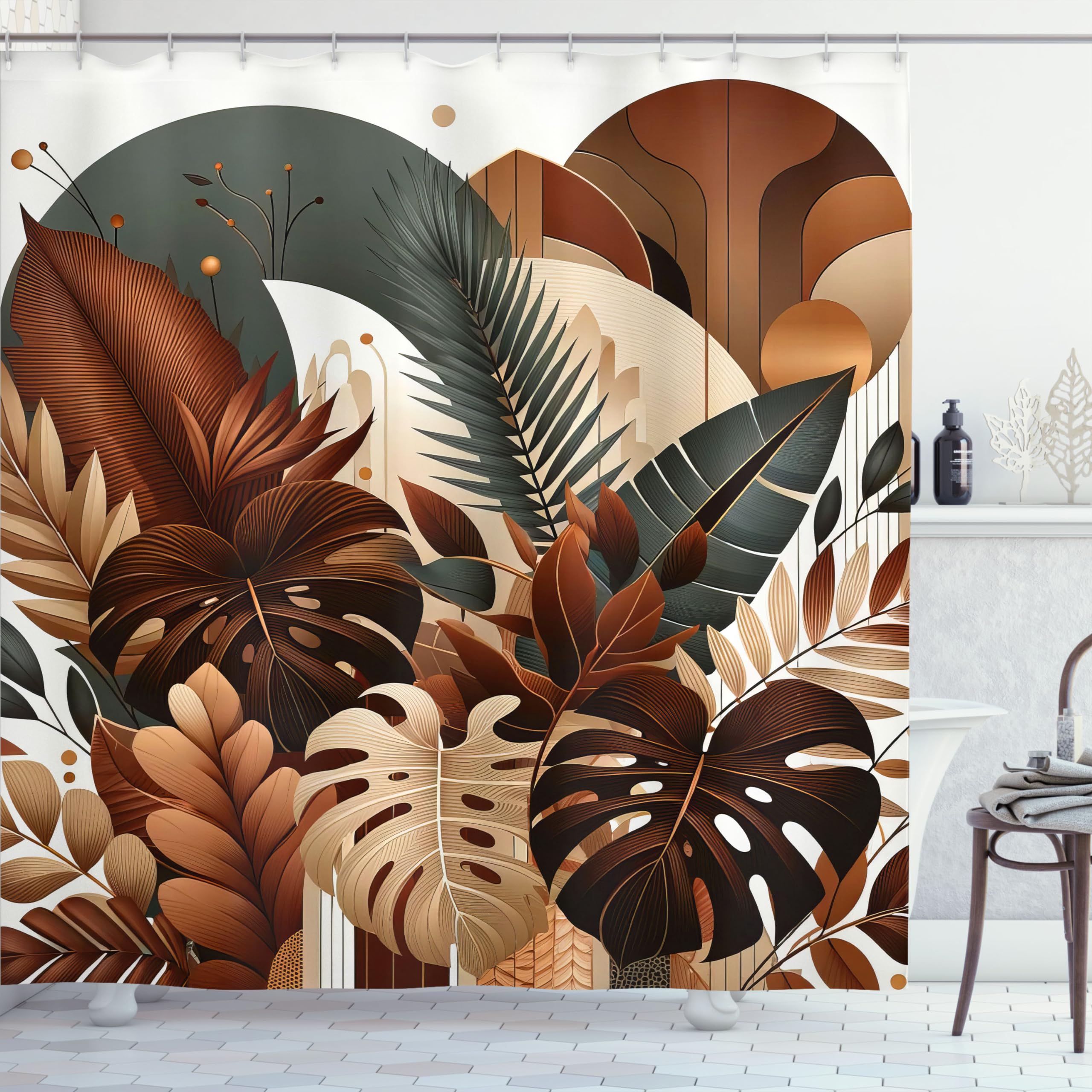 Ambesonne Brown Shower Curtain, Earthy Jungle Exotic Leaves On Mid Century Modern Circles Vintage Botany, Cloth Fabric Bathroom