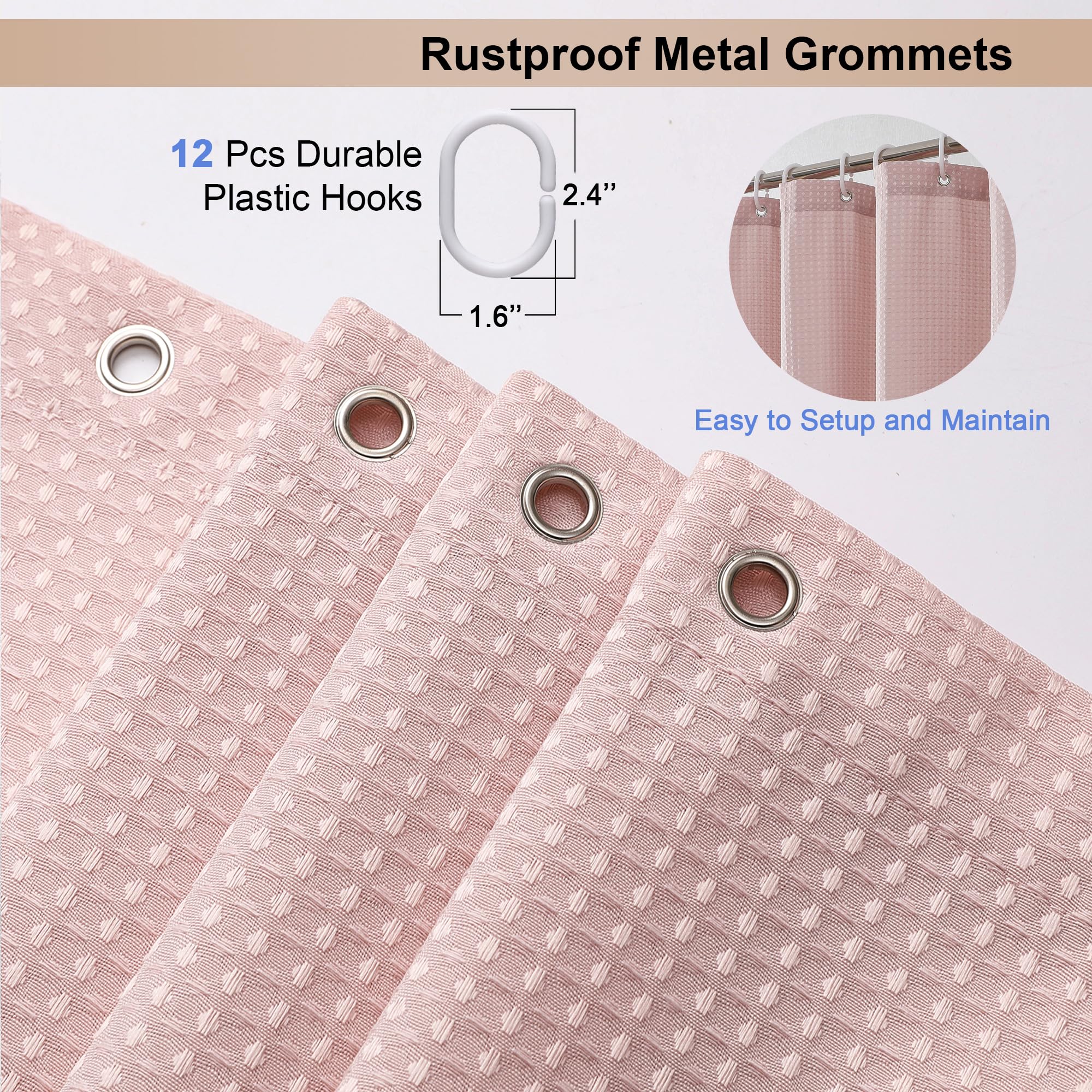 OVZME Blush Pink Shower Curtain Set, 72x72" Heavy Duty Fabric, Waffle Textured, Machine Washable with 12 Hooks