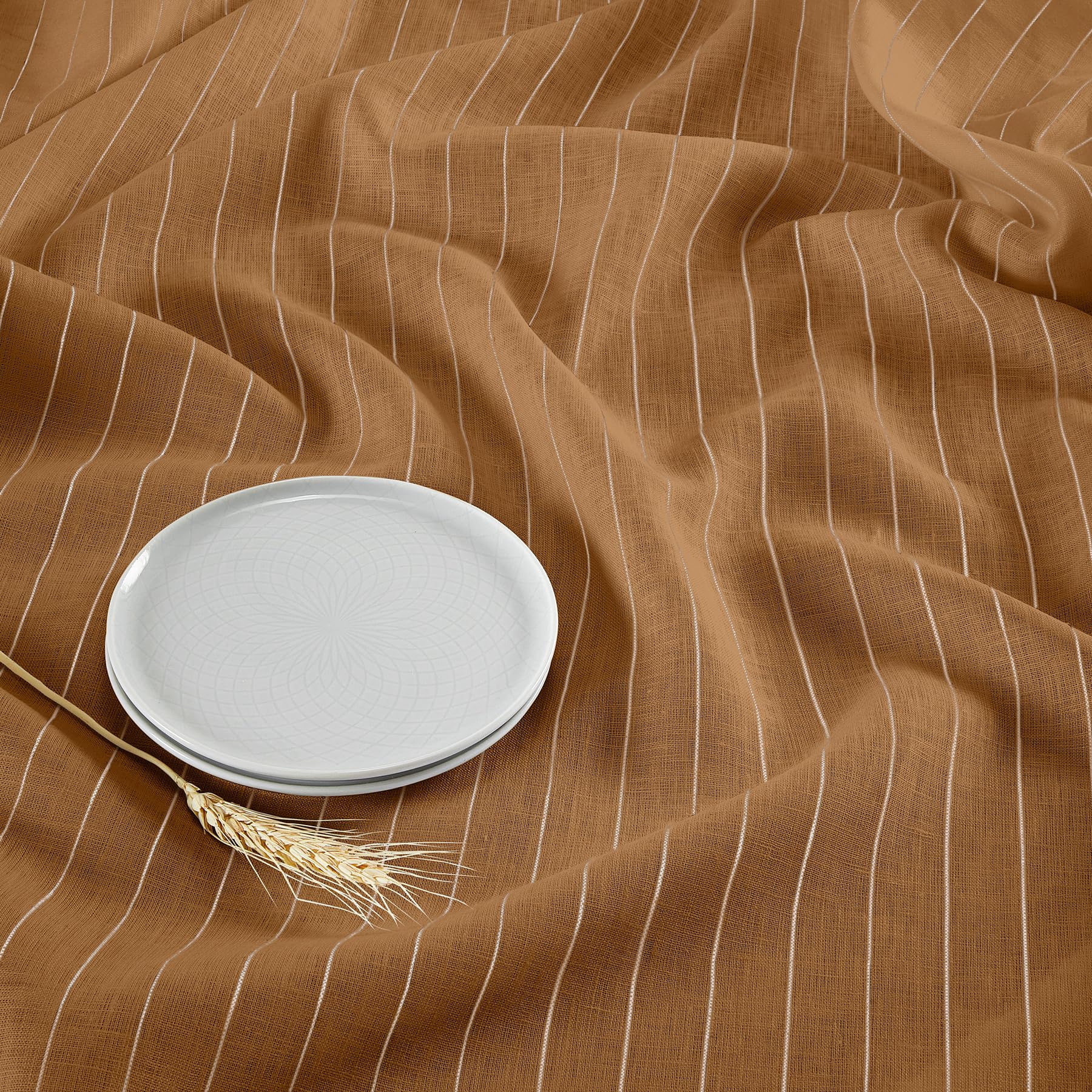 Solino Home Pinstripe Linen Tablecloth 52 X 52 Inch - 100% Pure Linen Camel And White Table Throw For Spring - Handcrafted And M