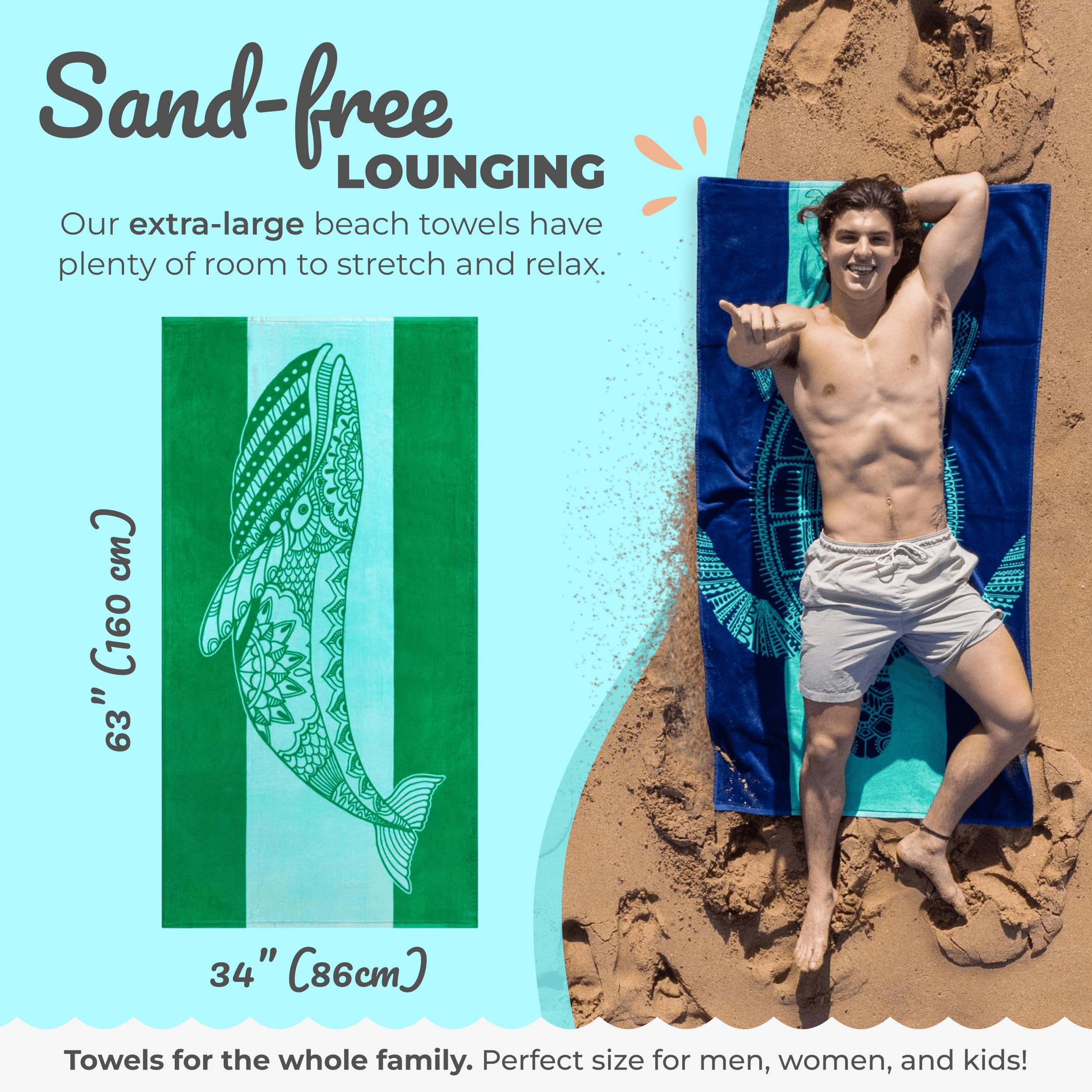 Nova Blue Whale Beach Towel (34 X 63) - Green Oversized Beach Towel With Whale Design Quick Dry Beach Towel Made From 100% Cotto