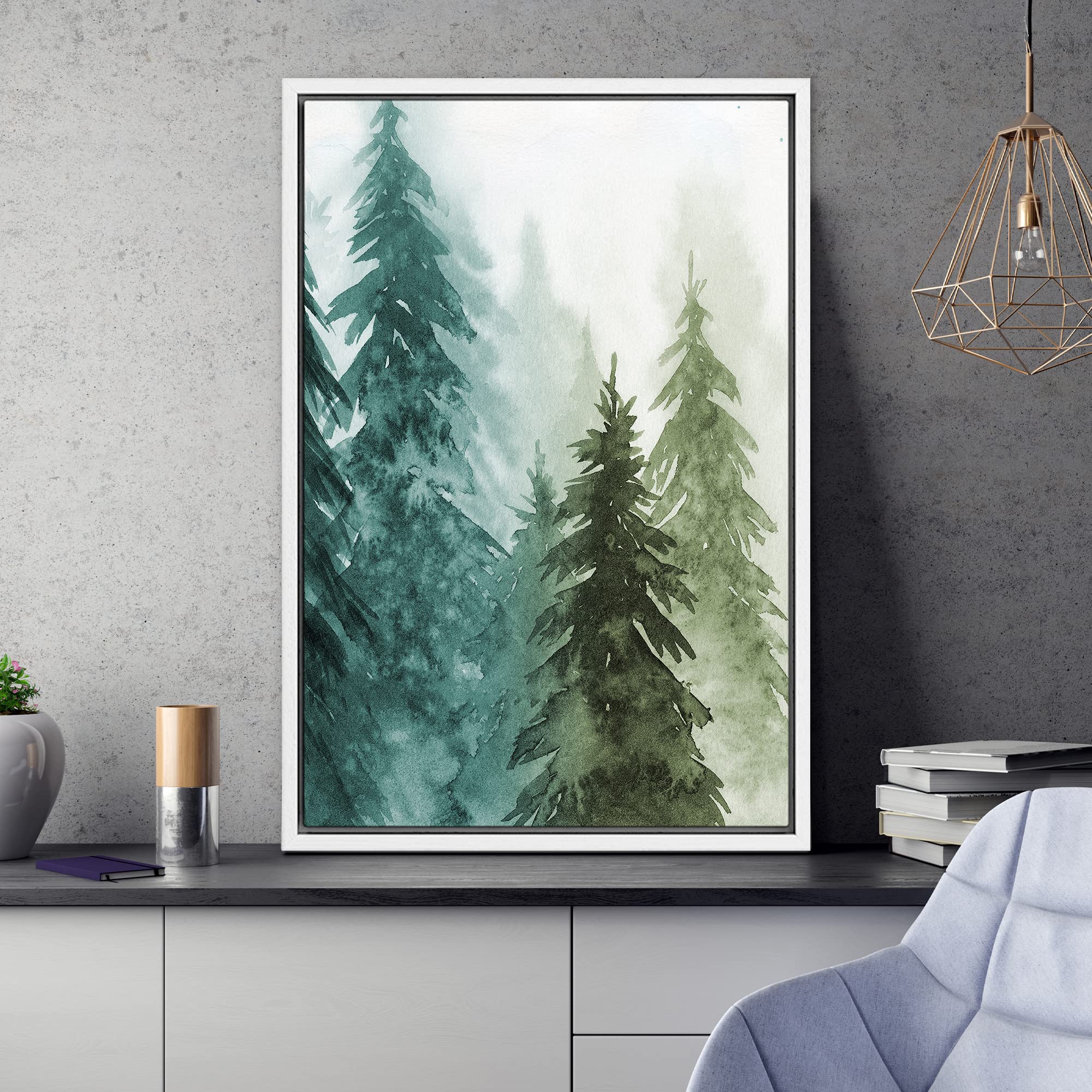 Signwin Framed Canvas Print Wall Art Woodland Nursery Decor Green & Teal Watercolor Forest Pine Trees Floral Nature Illustration