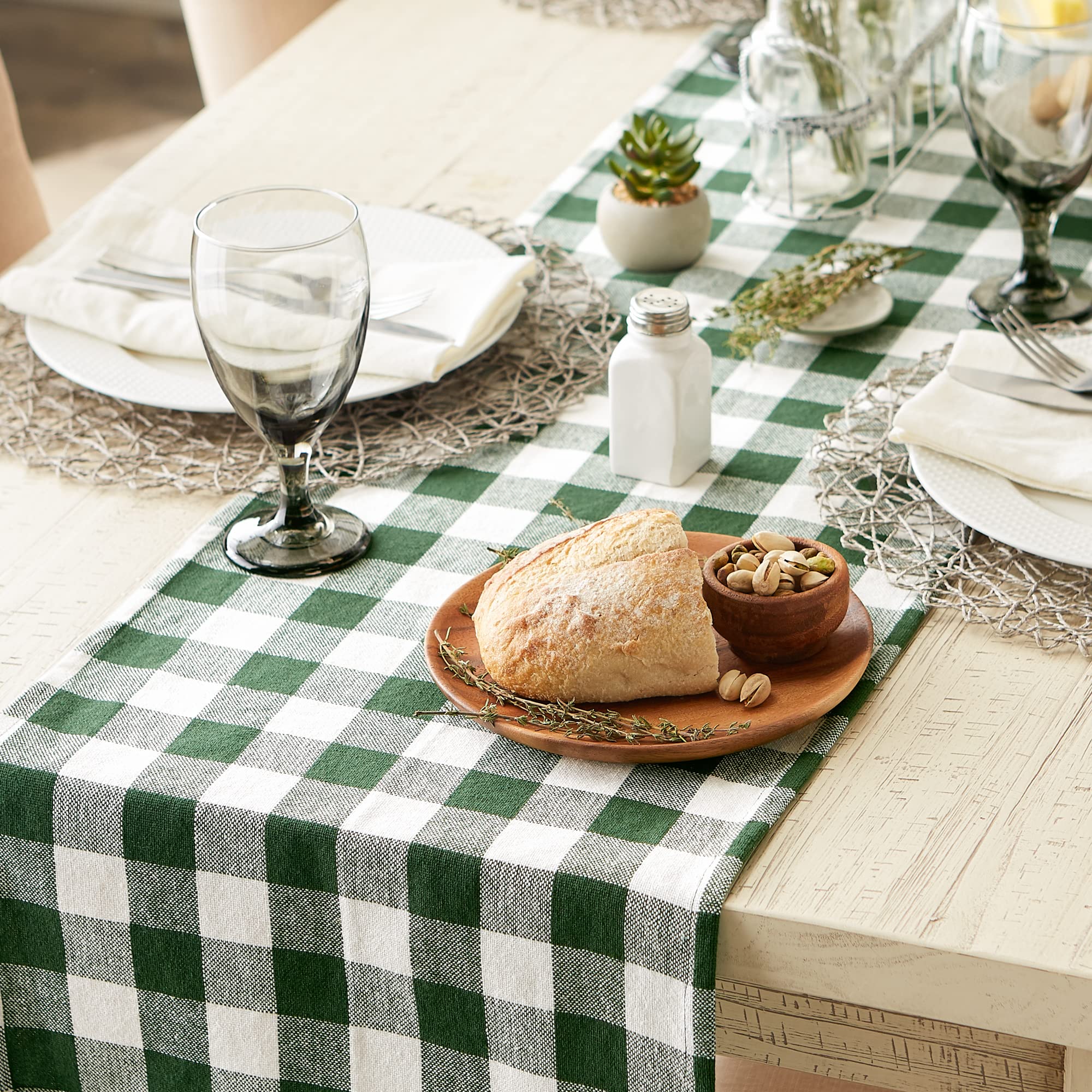 DII Heavyweight Fringed Check Tabletop Collection  Table Runner  14x108  Hunter Green