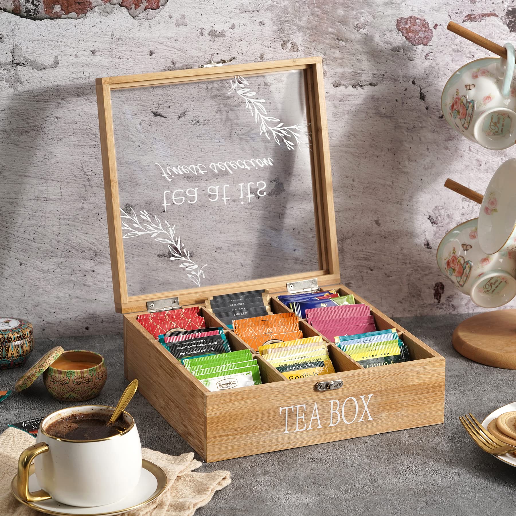 handrong Bamboo Tea Box Organizer with 9 Compartments and Clear Cover for Tea, Coffee & Sugar Pods, Modern Design