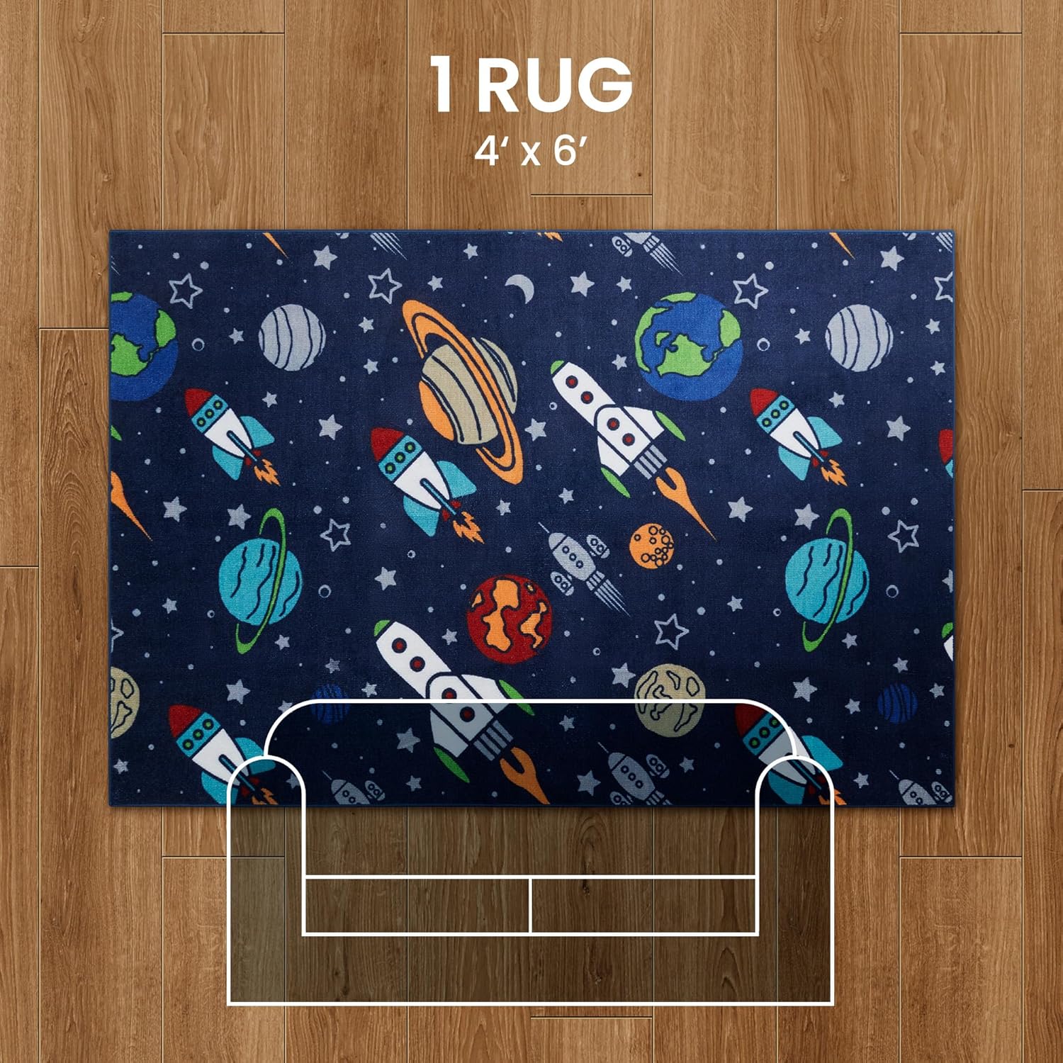 Machine Washable Non Slip Kids Rugs for Living Room & Bedroom - Rocket Galaxy