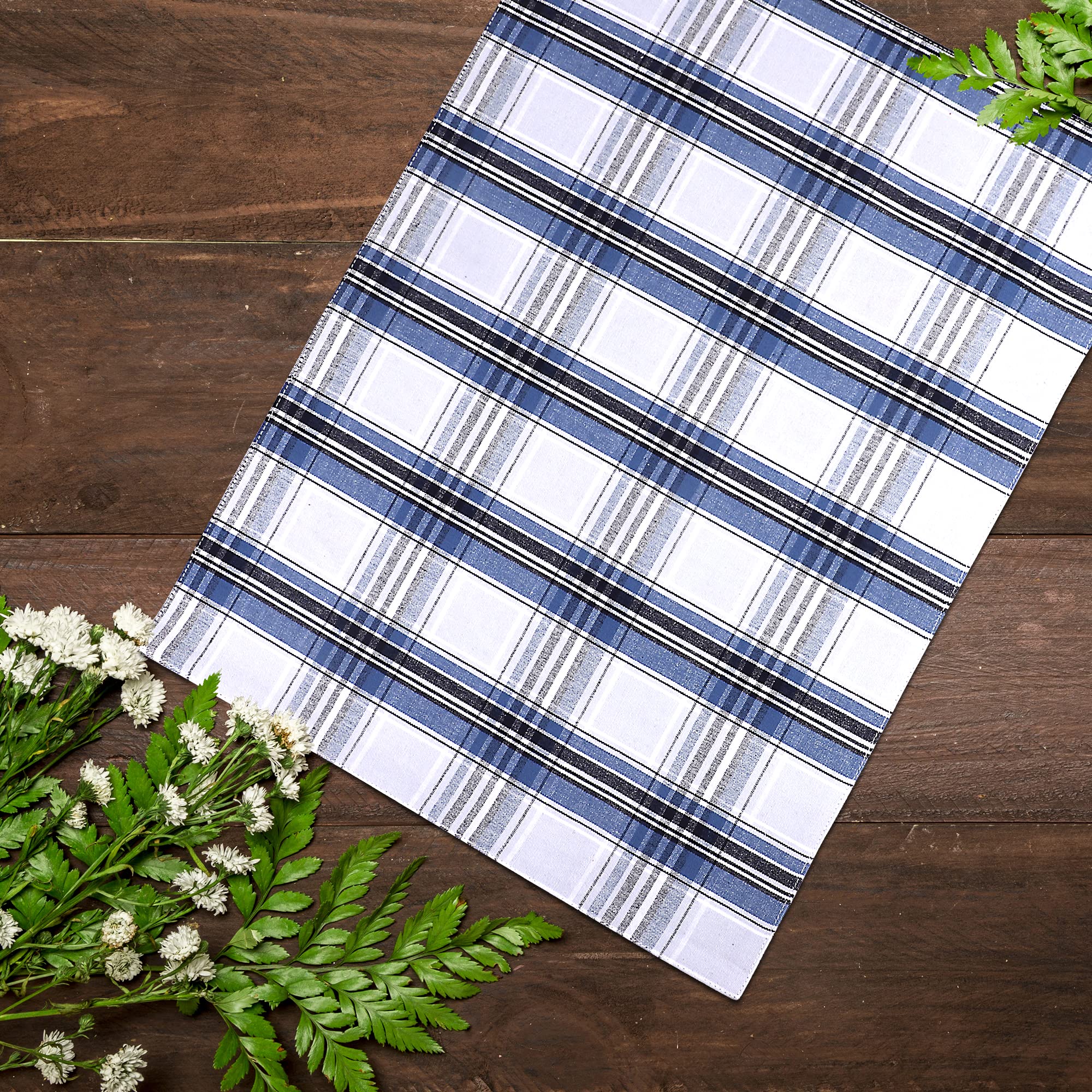 Urban Villa Christmas Placemats Snow Blue Color Checked 100% Cotton Fused Placemats 14''X 20'' Over Sized Set Of 6 Use Heavier Q