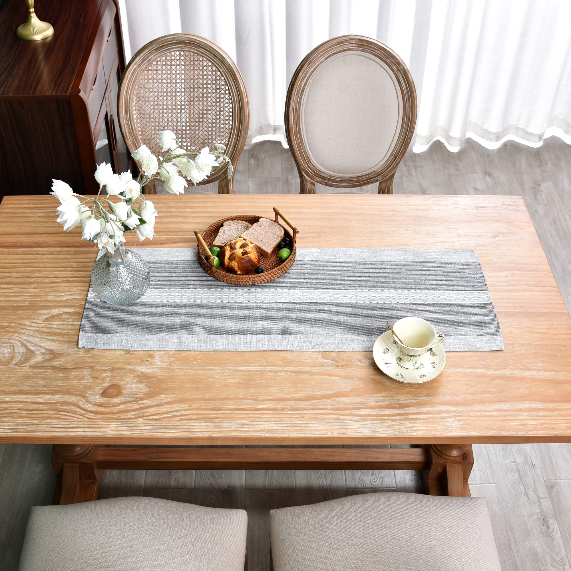 Farmhouse Braided Striped Table Runner Rustic Embroidery Coffee Table Runners For Decorations Weddings Holiday Grey 13X36Inch