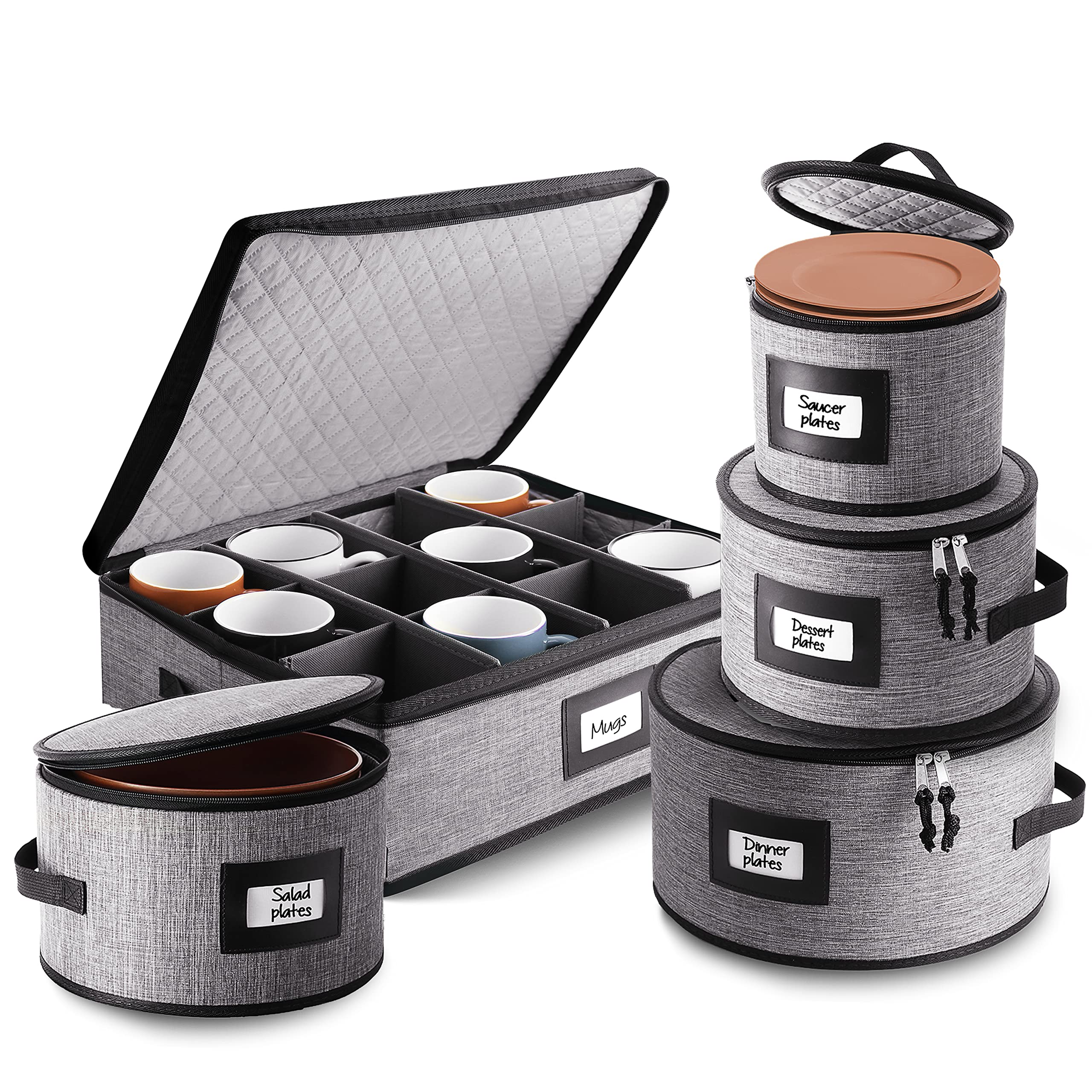 Fine China Hard Shell Dish Organizer - 5 Piece Stackable Mug and Plate Storage Containers with Dividers for Moving and Seasonal 