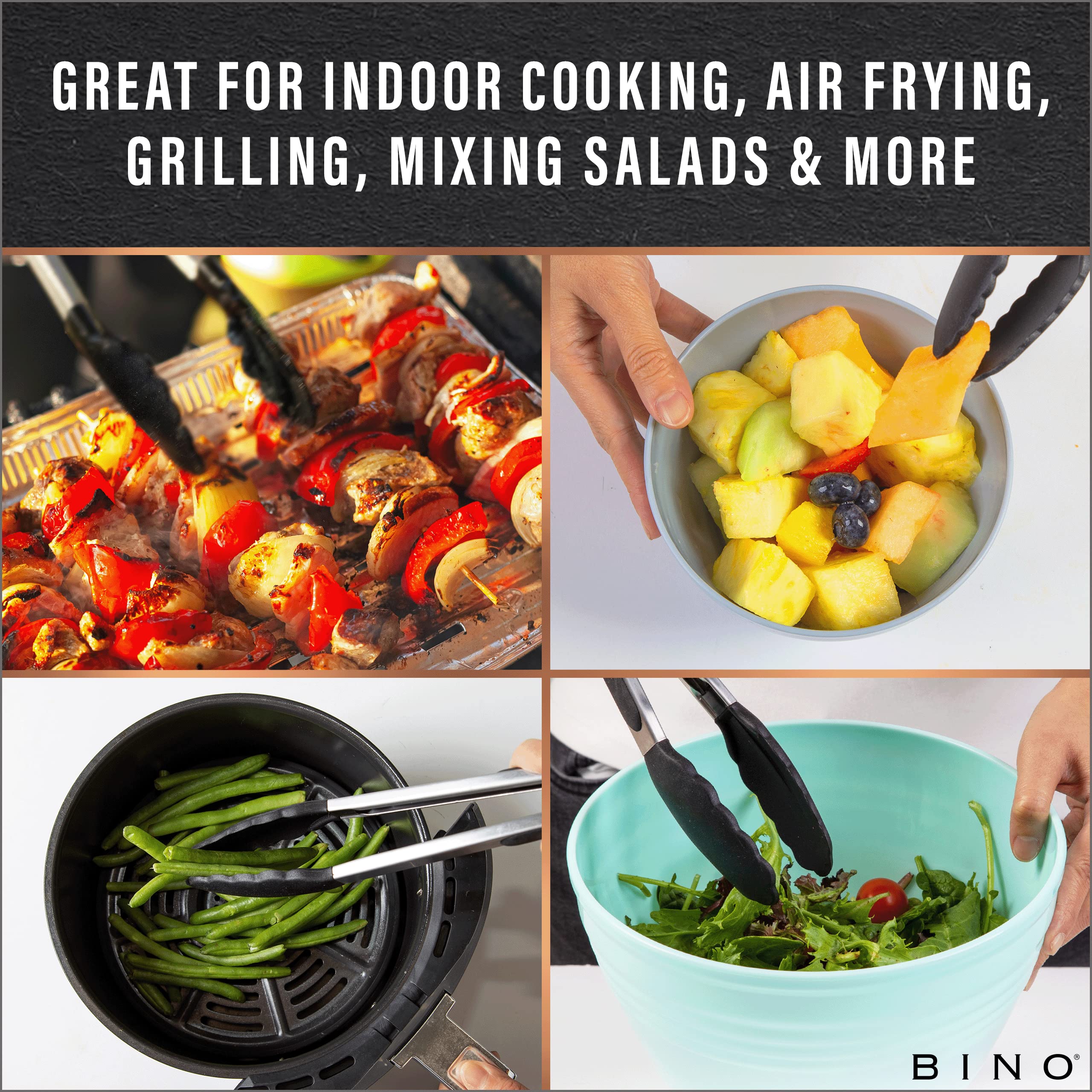 Bino 2-Piece Silicone Tipped Stainless Steel Tongs Set - Black | Locking Tongs | Kitchen Utensil & Tool For Cooking & Serving |