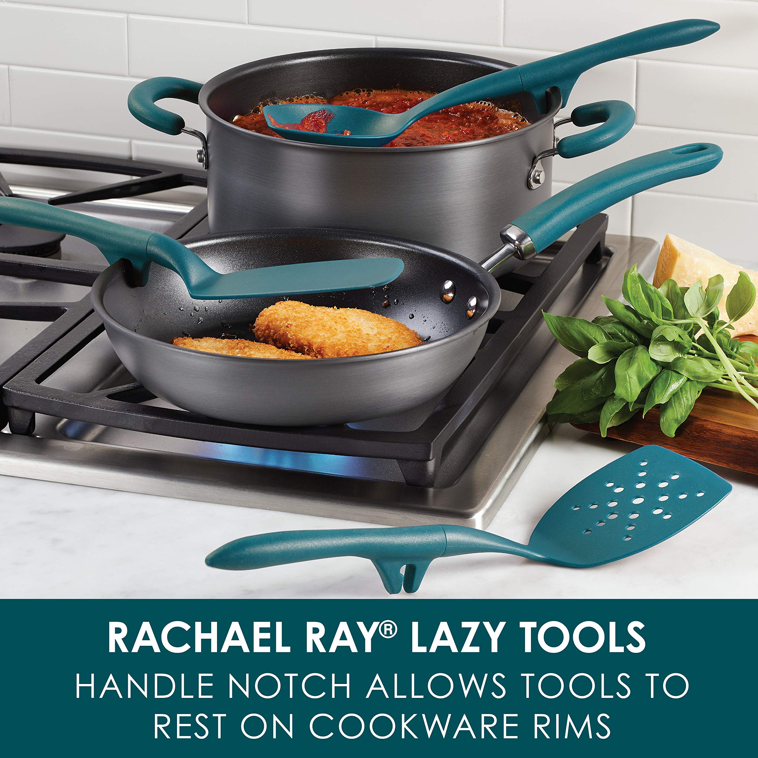 Rachael Ray Tools and Gadgets Spoon  Slotted and Solid Turners Set/ Cooking Utensils - 3 Piece  Teal Blue