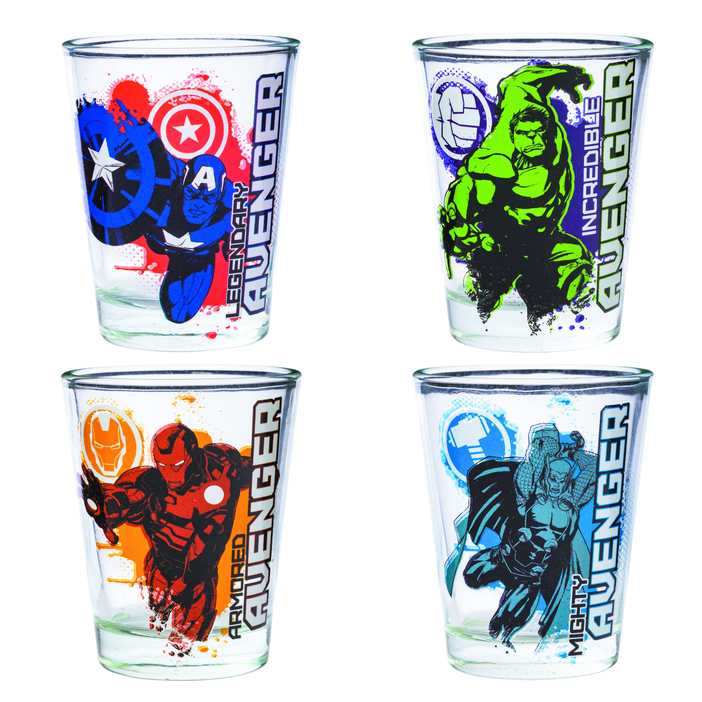 Silver Buffalo Marvel Avengers Featuring Iron Man, The Hulk, Captain America, And Thor 4 Pack Mini Glasses, 1.5 Ounces