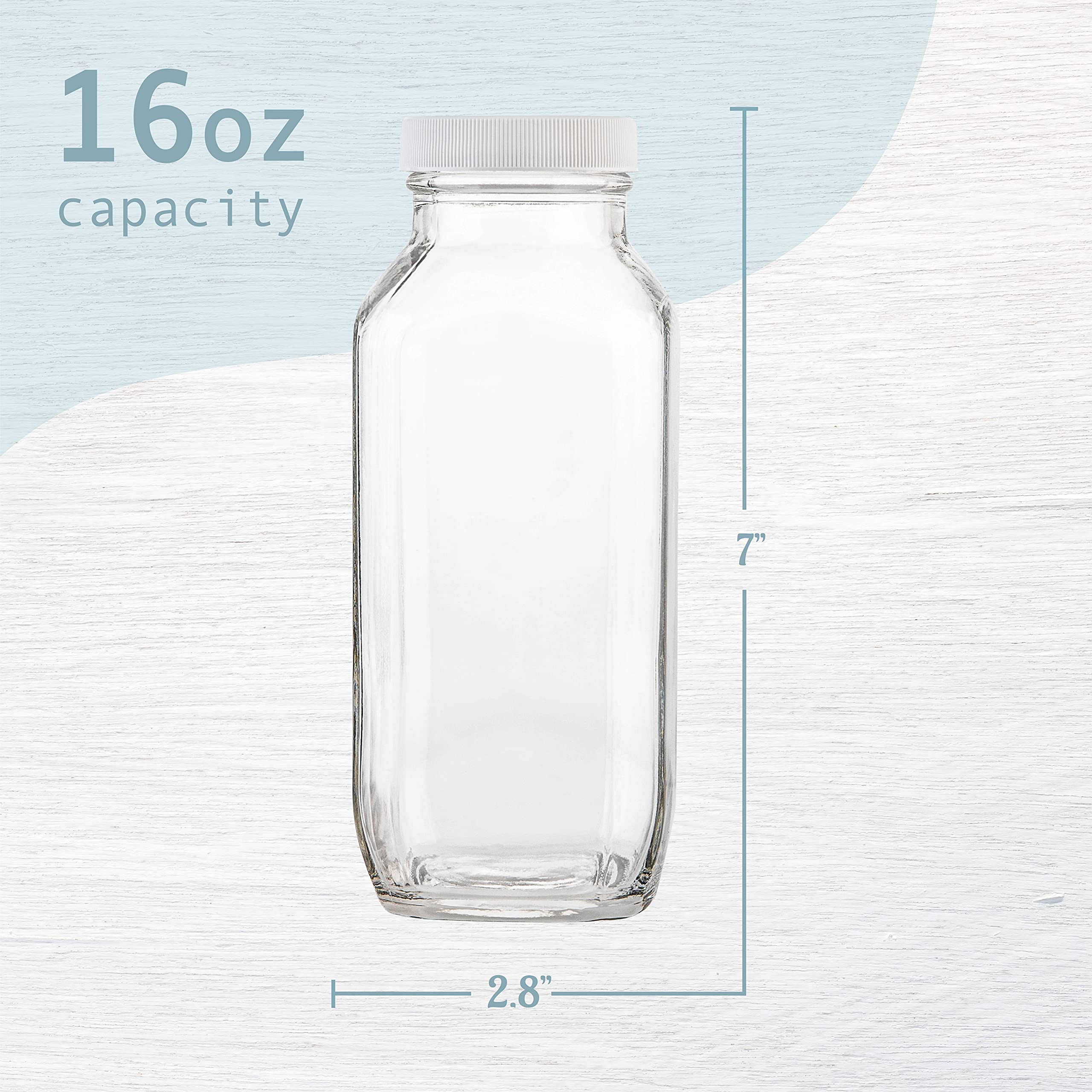 Kitchentoolz 16Oz Square Glass Milk Bottle With Plastic Airtight Lids - Vintage Reusable Dairy Drinking Jars Containers For Milk