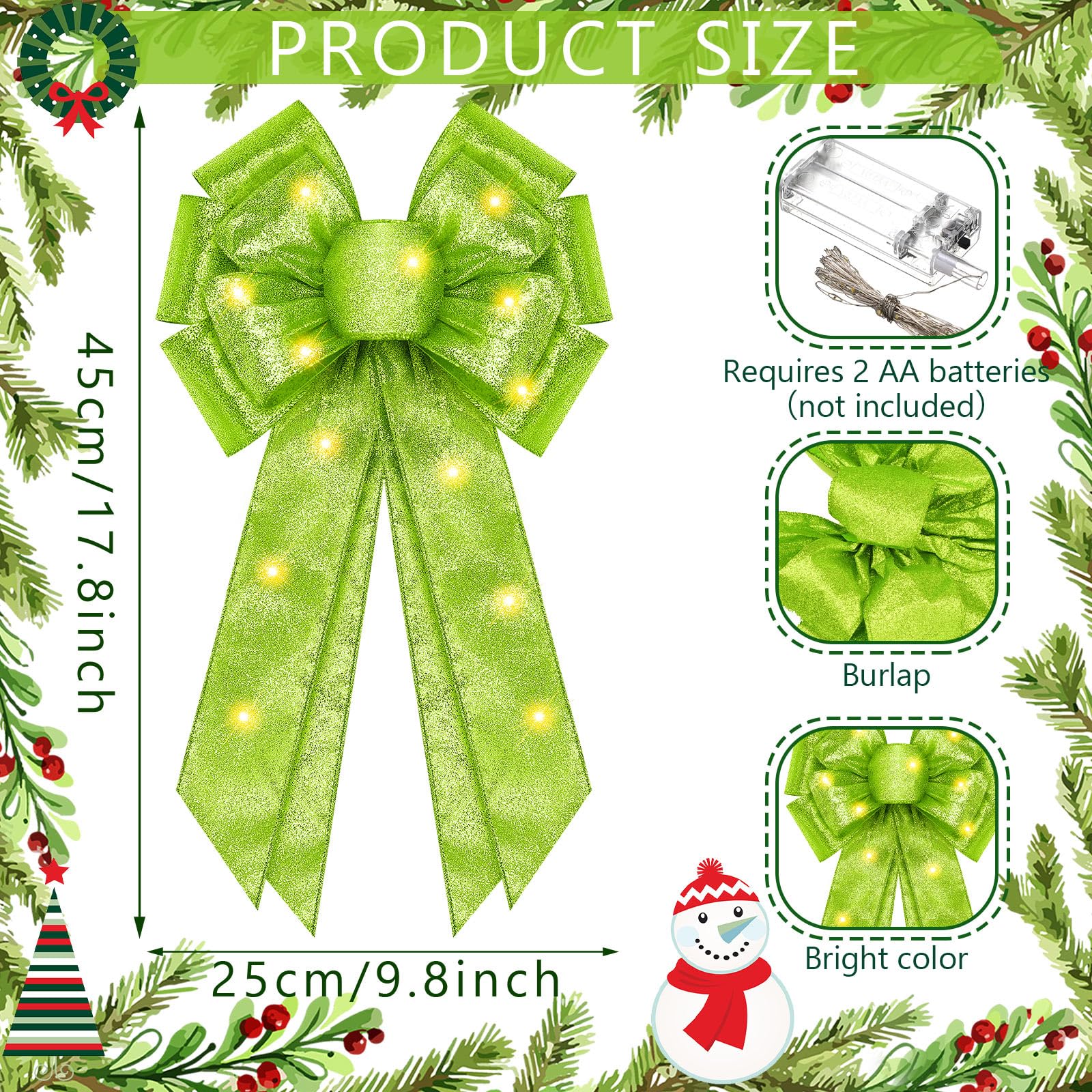 Giegxin 2 Pcs Large Lime Green Lighted Christmas Bows with Lights for Wreath and Tree Topper, 18x10 Inch Pre Lit Wreath Bow Ligh