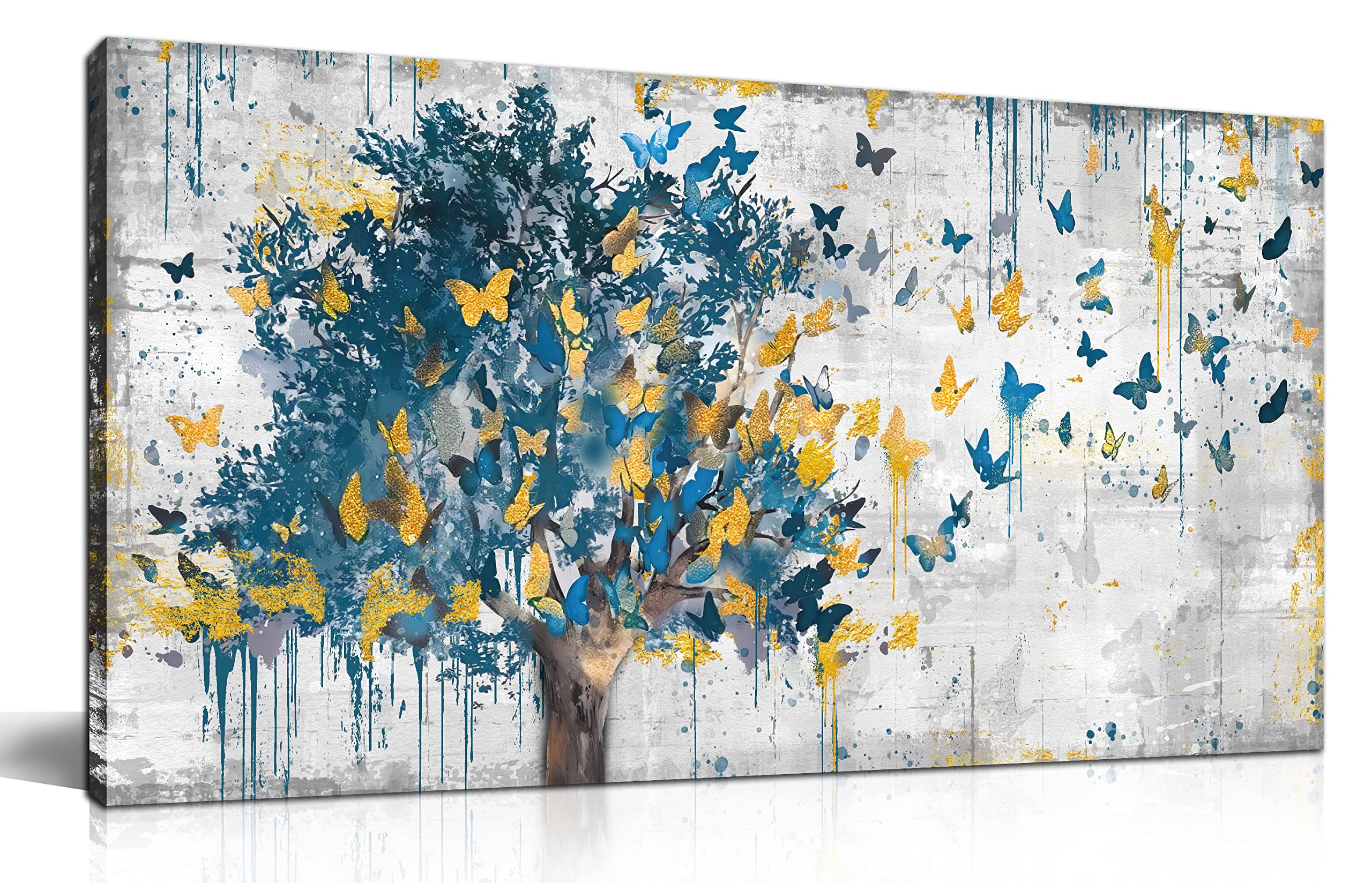 Kepgonegu Large Canvas Wall Art Blue Tree Golden Butterflies Picture Abstract Grey Graffiti Canvas Prints Ready To Hang For Livi