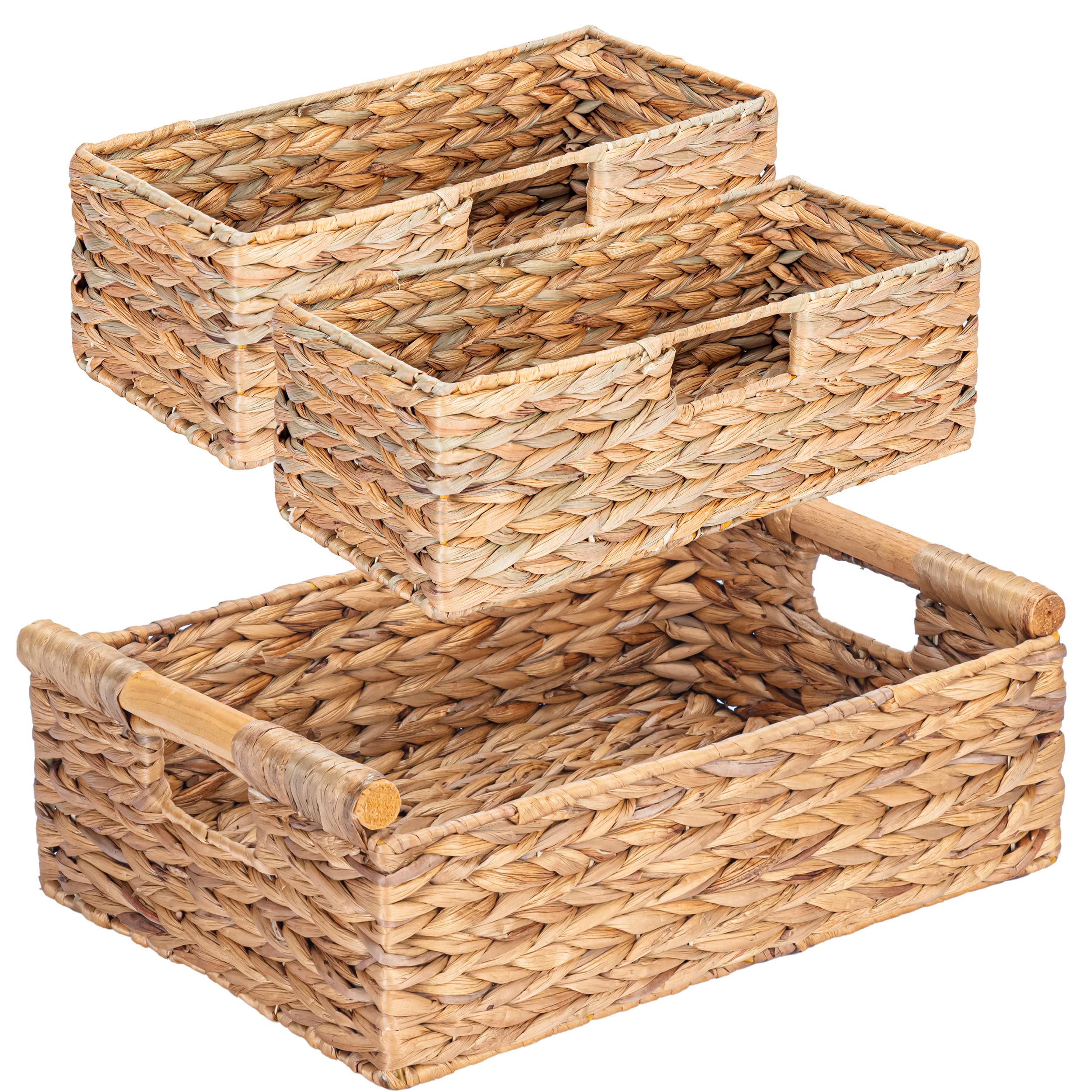 Vatima Large Water Hyacinth Storage Baskets For Organizing With Wooden Handles For Shelves, 2 Bathroom Small Basket, Water Hyaci
