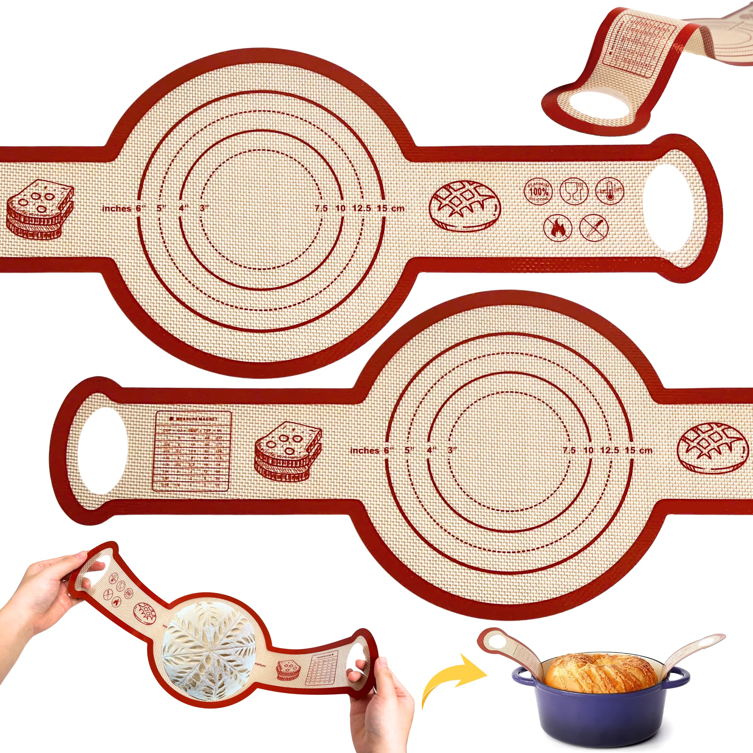 Sourdough Silicone Bread Sling for Dutch Oven, 2PCS Non-Stick Reusable Baking Mat with Long Handles, Essentials Bread Making Sup