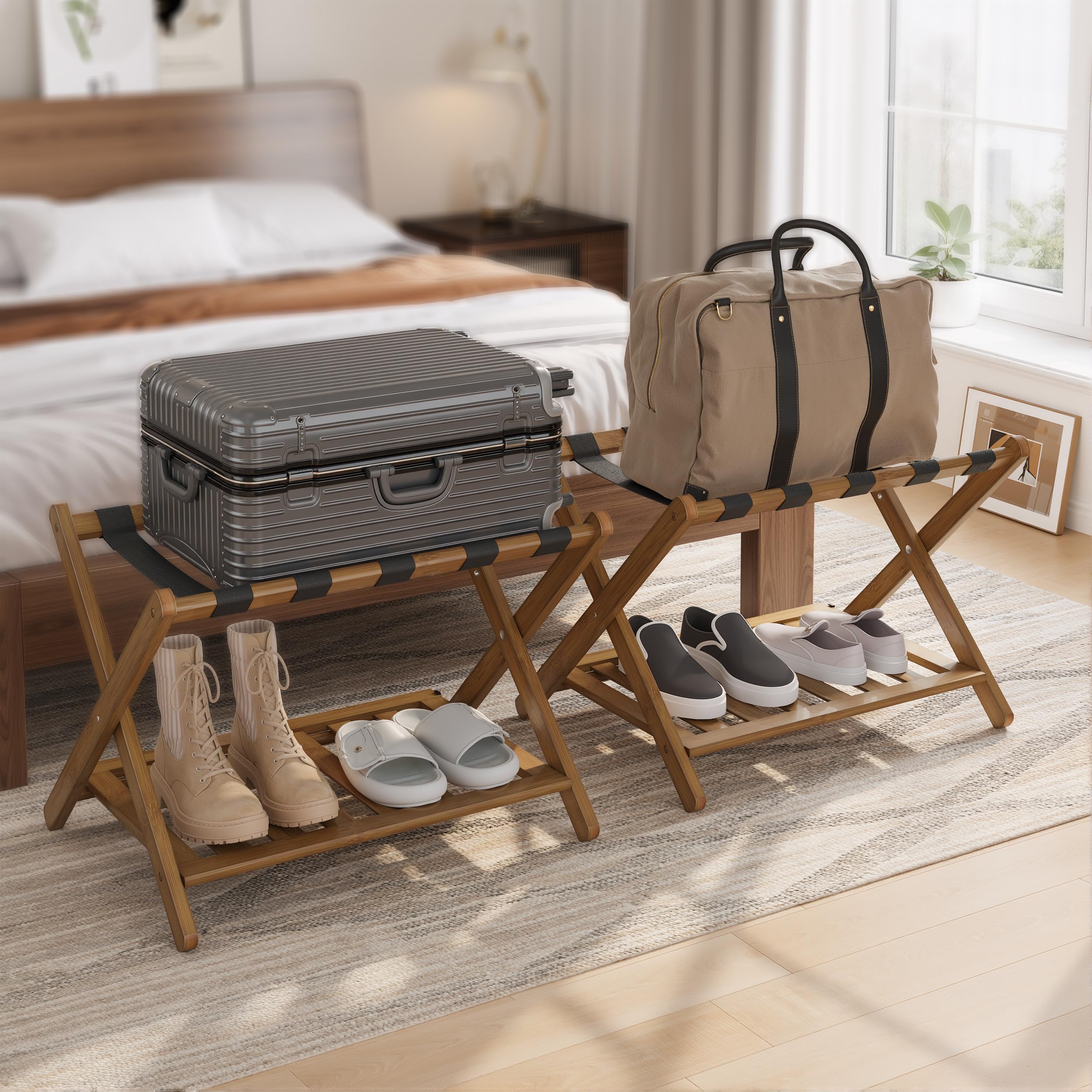 Smuxee Fully Assembled Black Walnut Luggage Racks Pack of 2, Upgraded Bamboo Foldable Suitcase Stand with 5 Nylon Straps, Luggag
