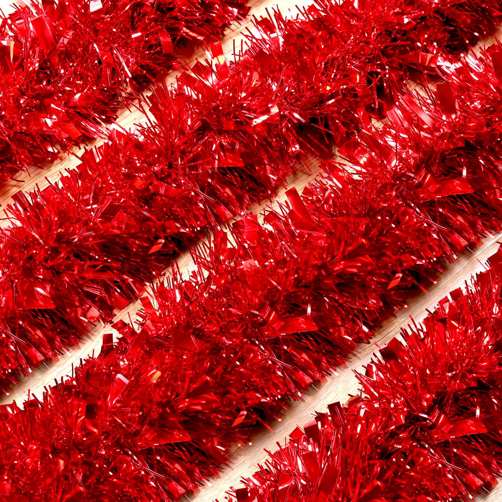 50Ft Red Christmas Garland Decorations,Xams Tinsel Stems Non-Lit Soft Twist Garland Decor for Tree Stairs Railing Front Door Man