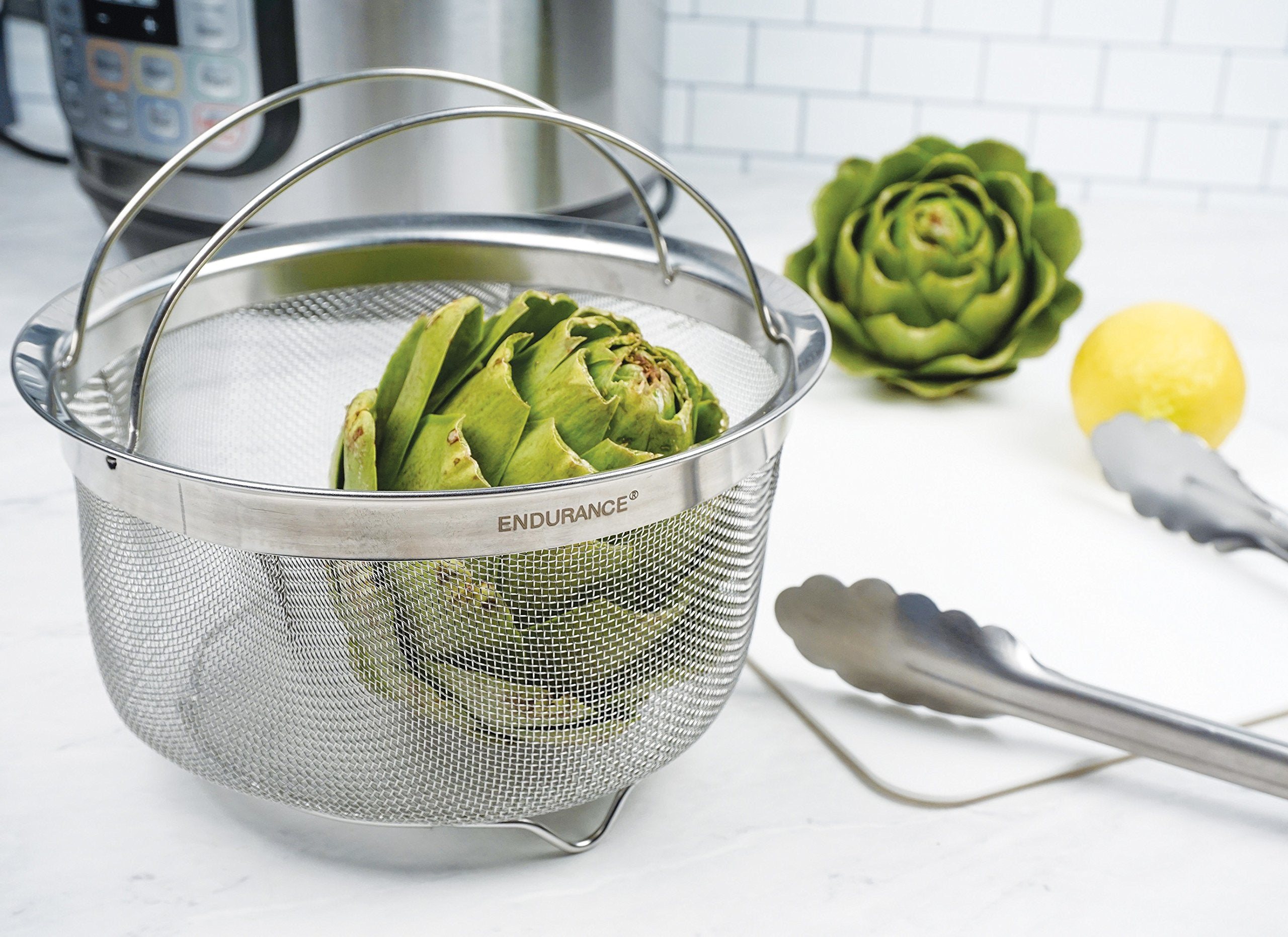 Rsvp International Mesh Colander Strainer Basket With Folding Handles, 3 Quarts | For Pasta, Frying, & Salads | Dishwasher Safe