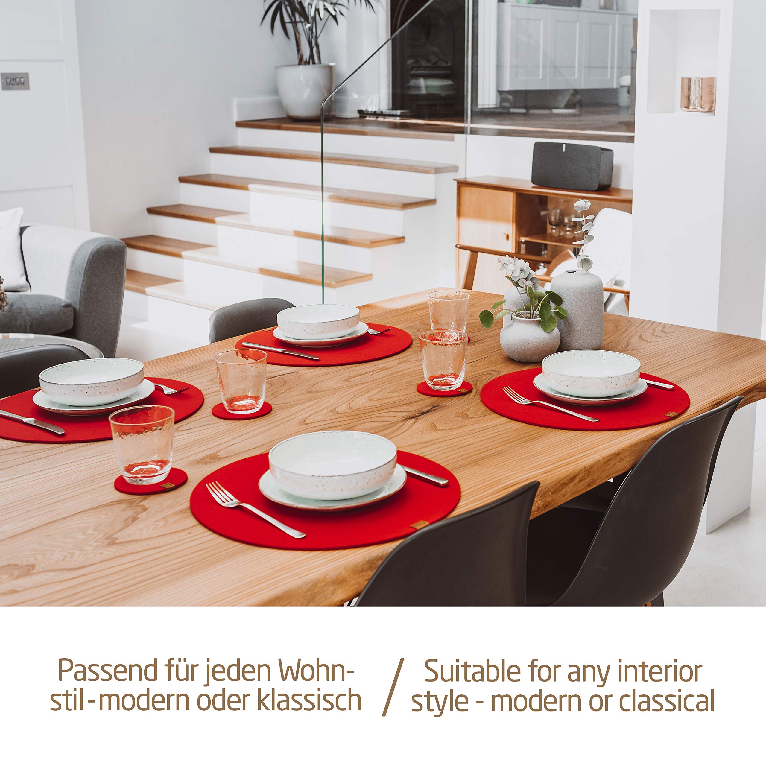 Miqio Felt Placemats Set Of 6 | 6 Round Placemats With Glass Coasters | Washable Placemats In 15 Inch | Indoor For Dining Table