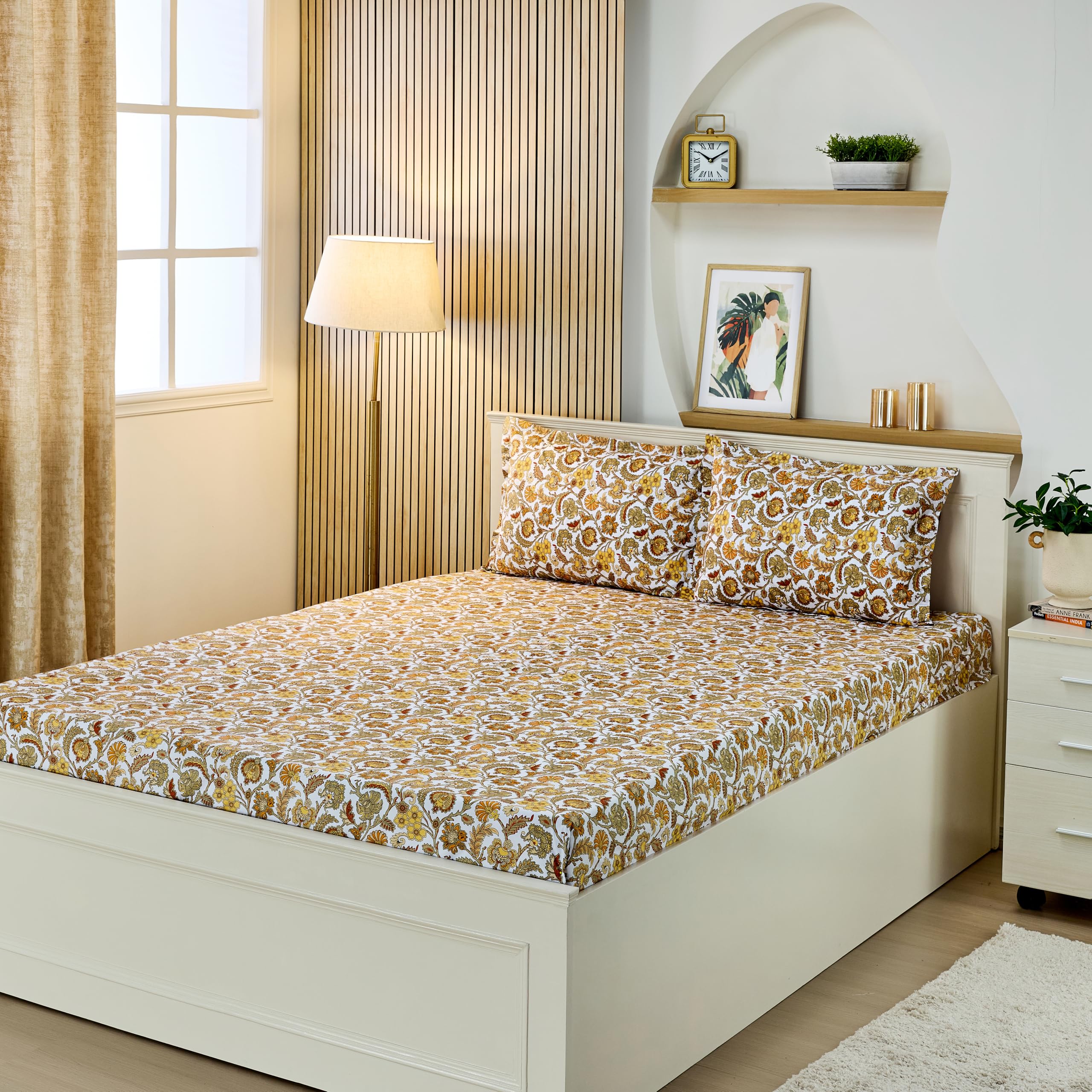 Amazon Brand - Solimo King Size Flat Bedsheet With 2 Pillow Cases | 200 Tc | 100% Cotton | Washing Machine Washable | 90 X 108 I
