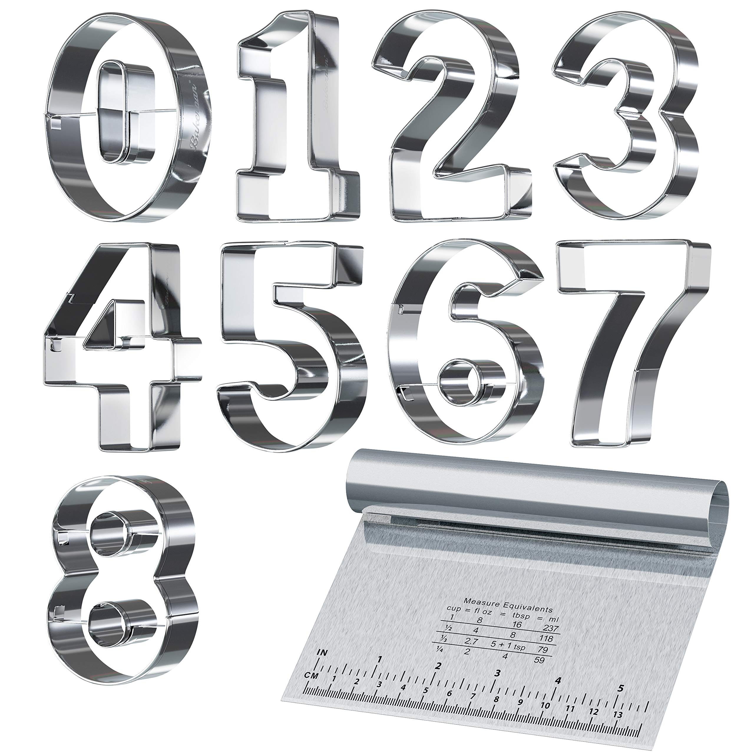 Bakerpan Stainless Steel Cookie Cutter Number Shapes Set 3 1/2 Inch With Bonus Dough Cutter