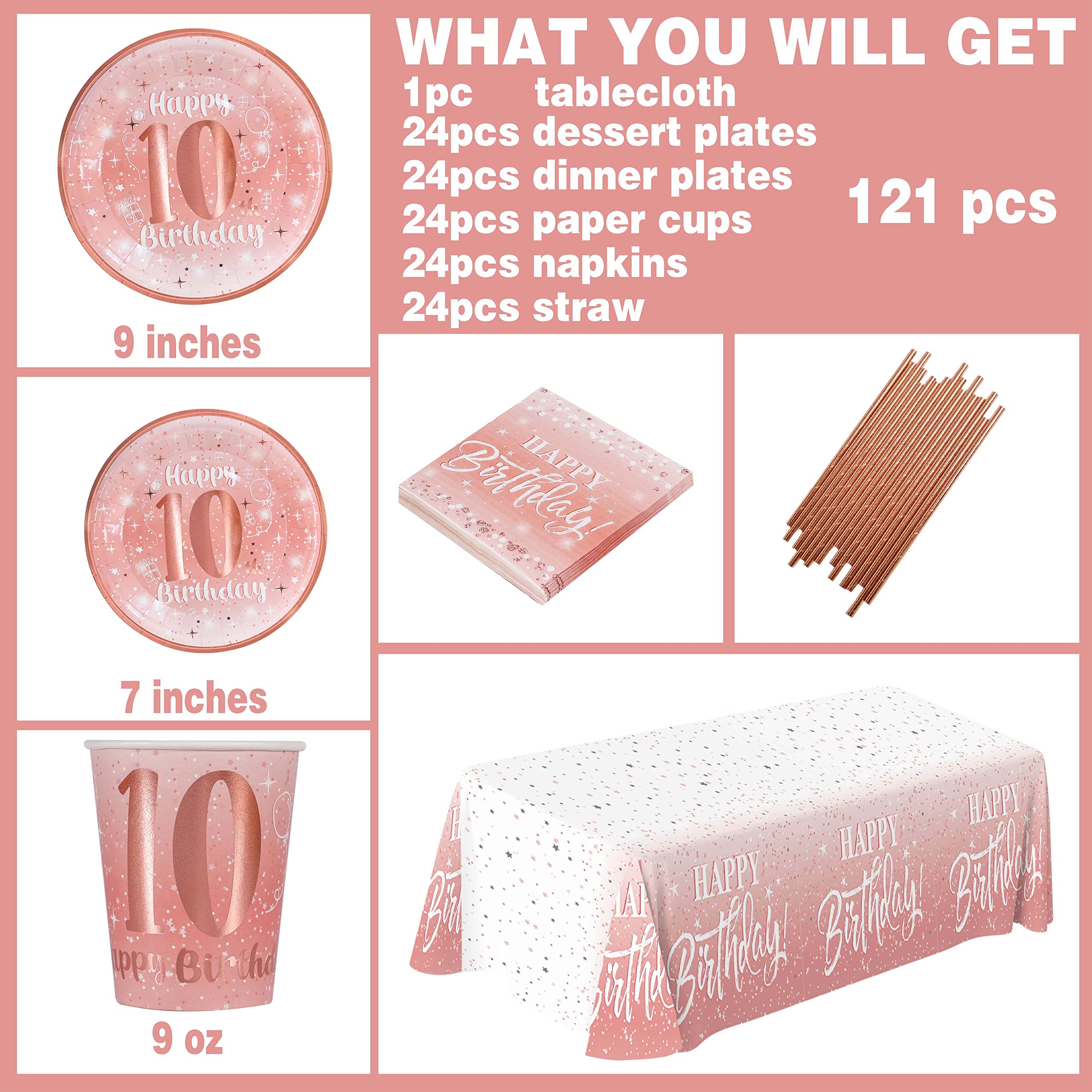 10Th Birthday Decorations For Girl - (Total 121Pcs) Rose Gold Birthday Supplies Plates And Napkins, Cups, Straws, Tablecloth, Di