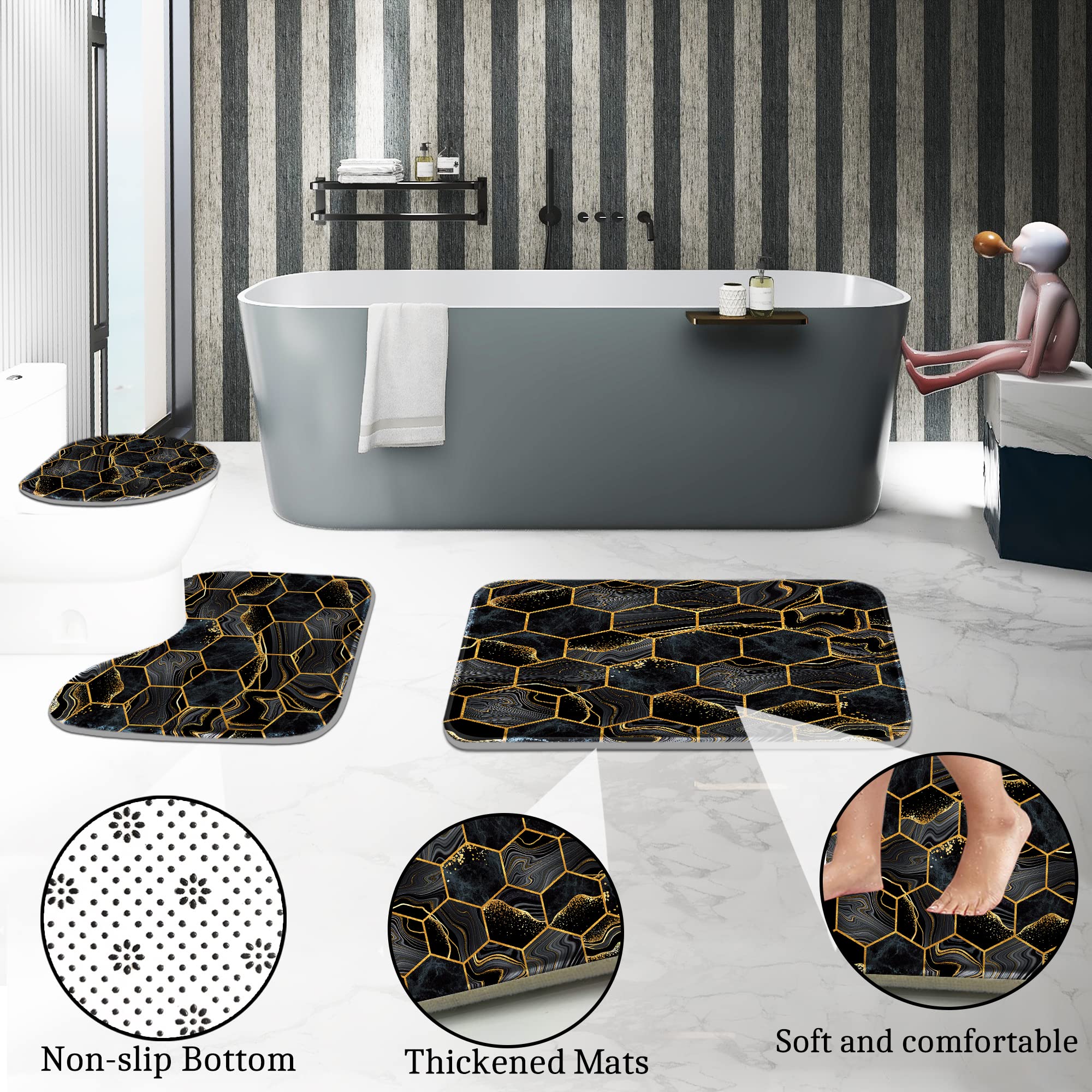 Poedist Shower Curtain Set with Non-Slip Rugs, Waterproof, 71"W x 71"L, Black, Polyester