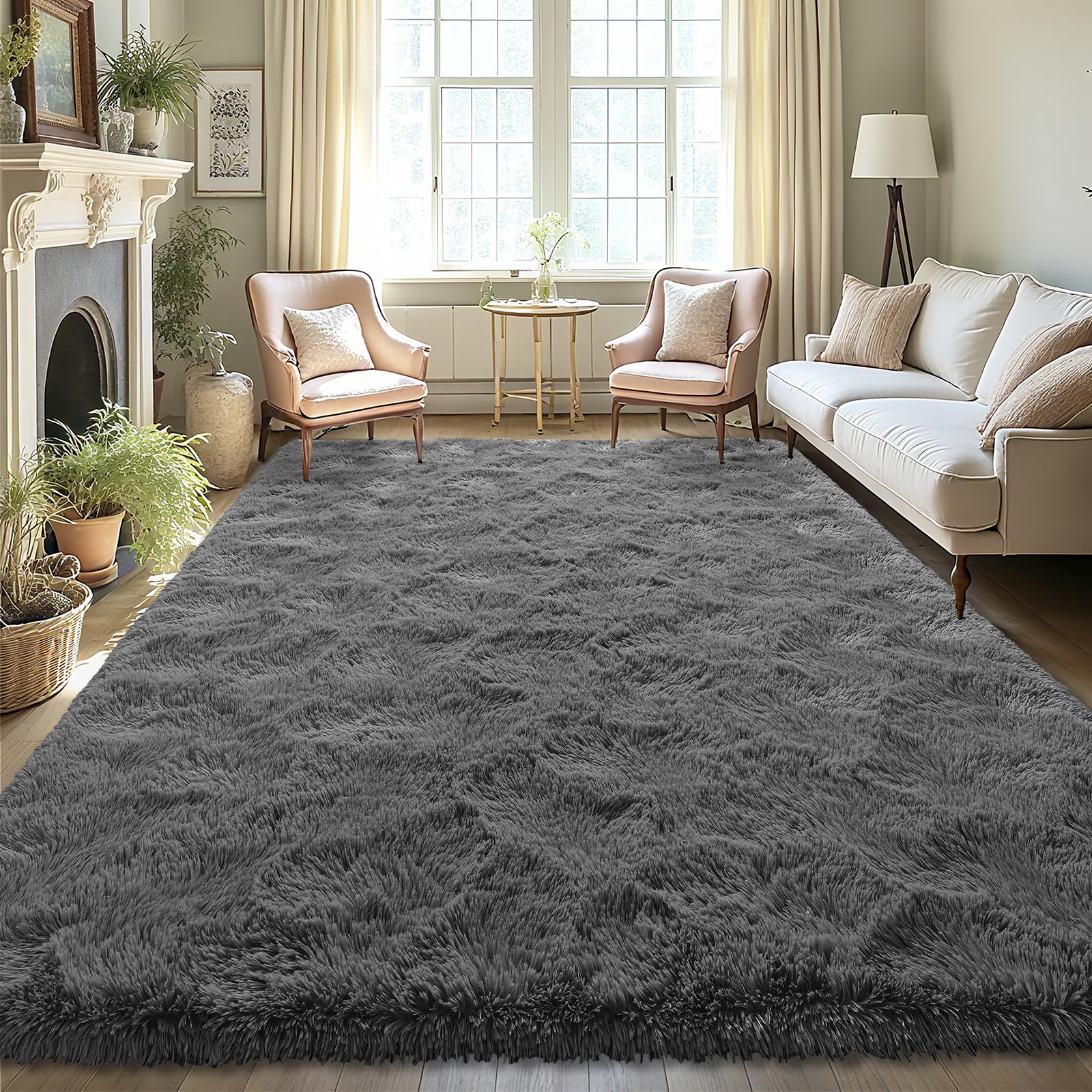LOCHAS Ultra Soft Indoor Modern Area Rugs 8 x10, Fluffy Living Room Carpets for Children Bedroom Home Decor Nursery Rug, Coal-Gr