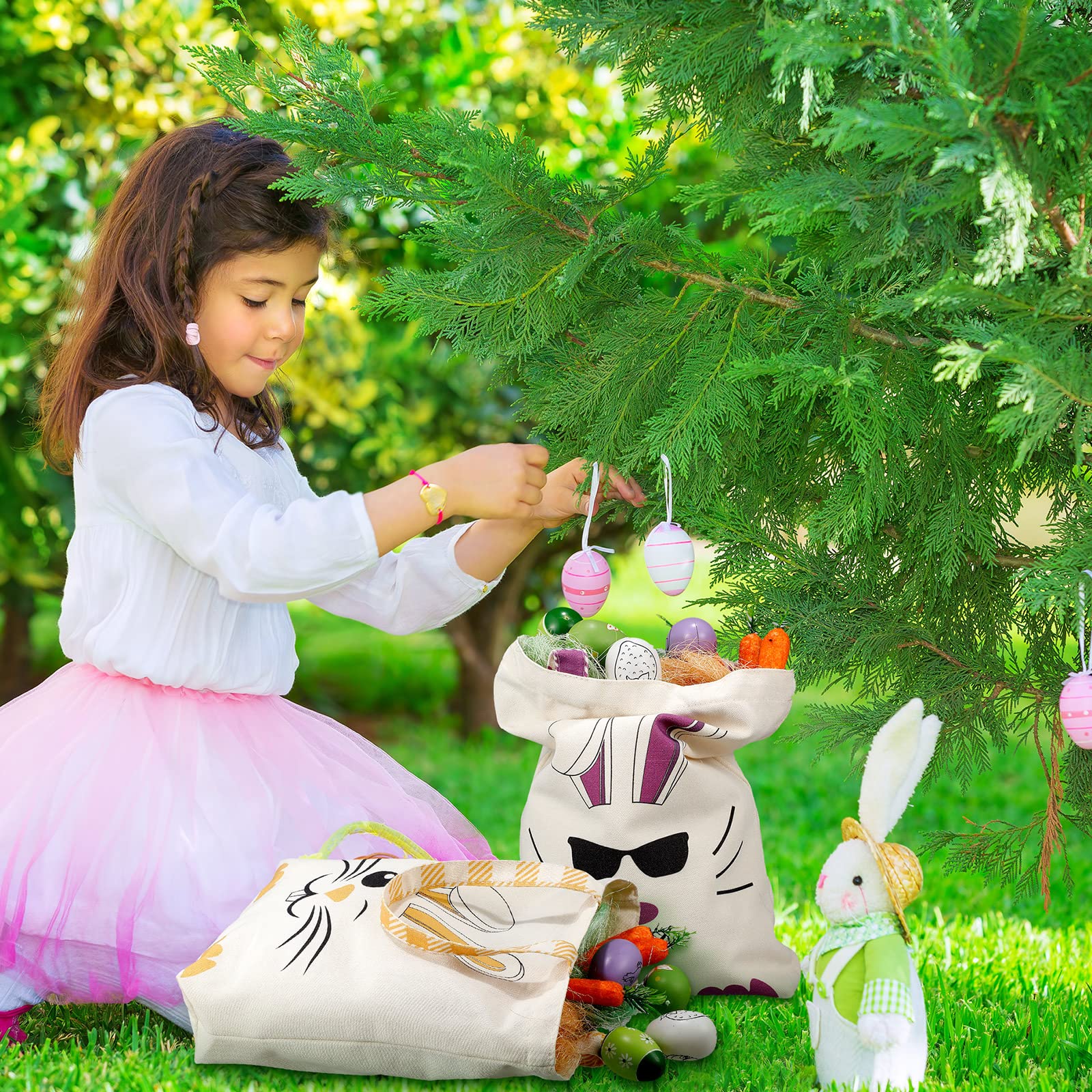 Weewooday 2 Pcs Easter Tote Bags For Kids Easter Canvas Gift Bags Bunny Ears Basket Bags For Boy Girl(Purple, Yellow)