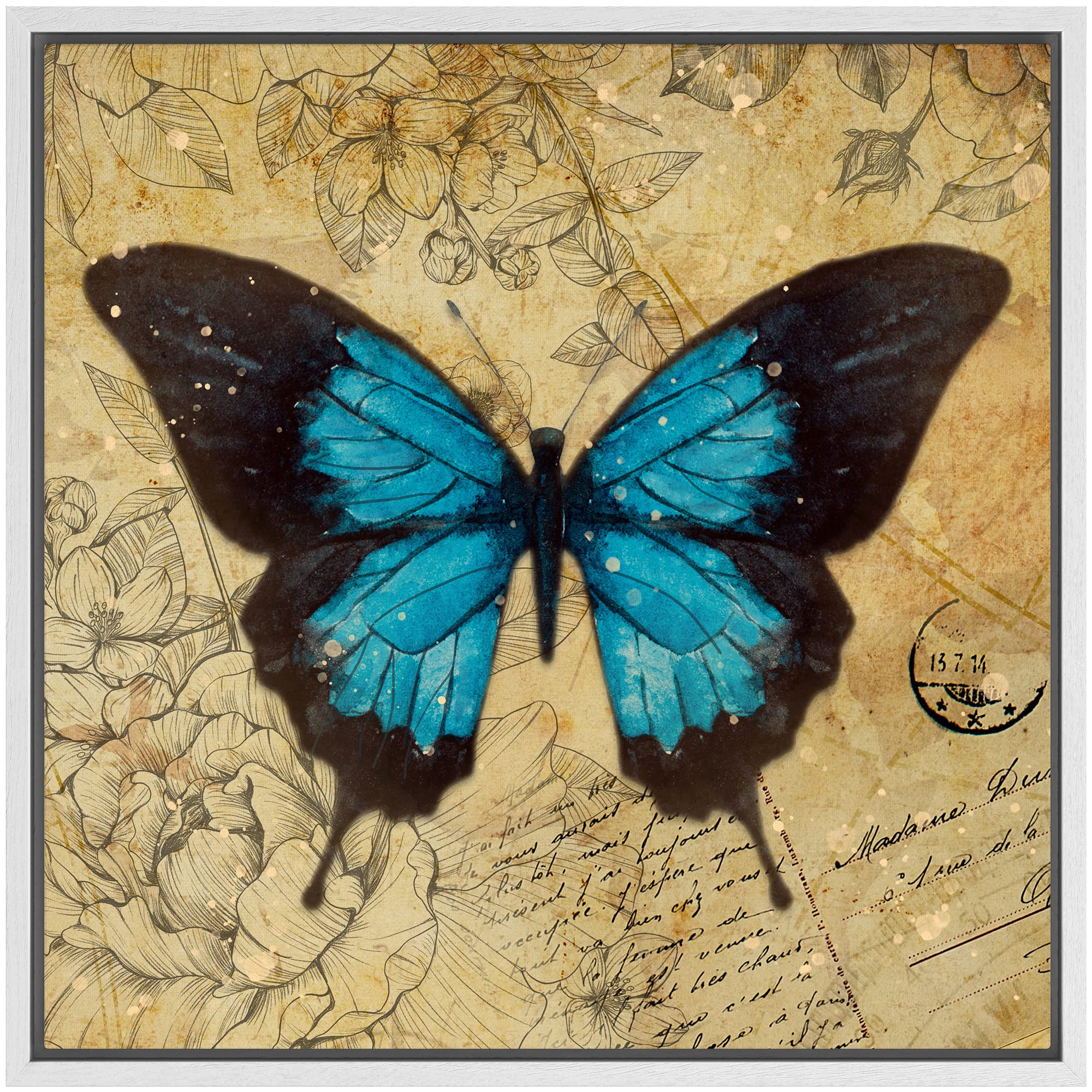 Wall26 Canvas Print Wall Art Teal & Black Butterfly Floral Pattern Nature Wilderness Rustic Modern Art Farmhouse Decorative Anim