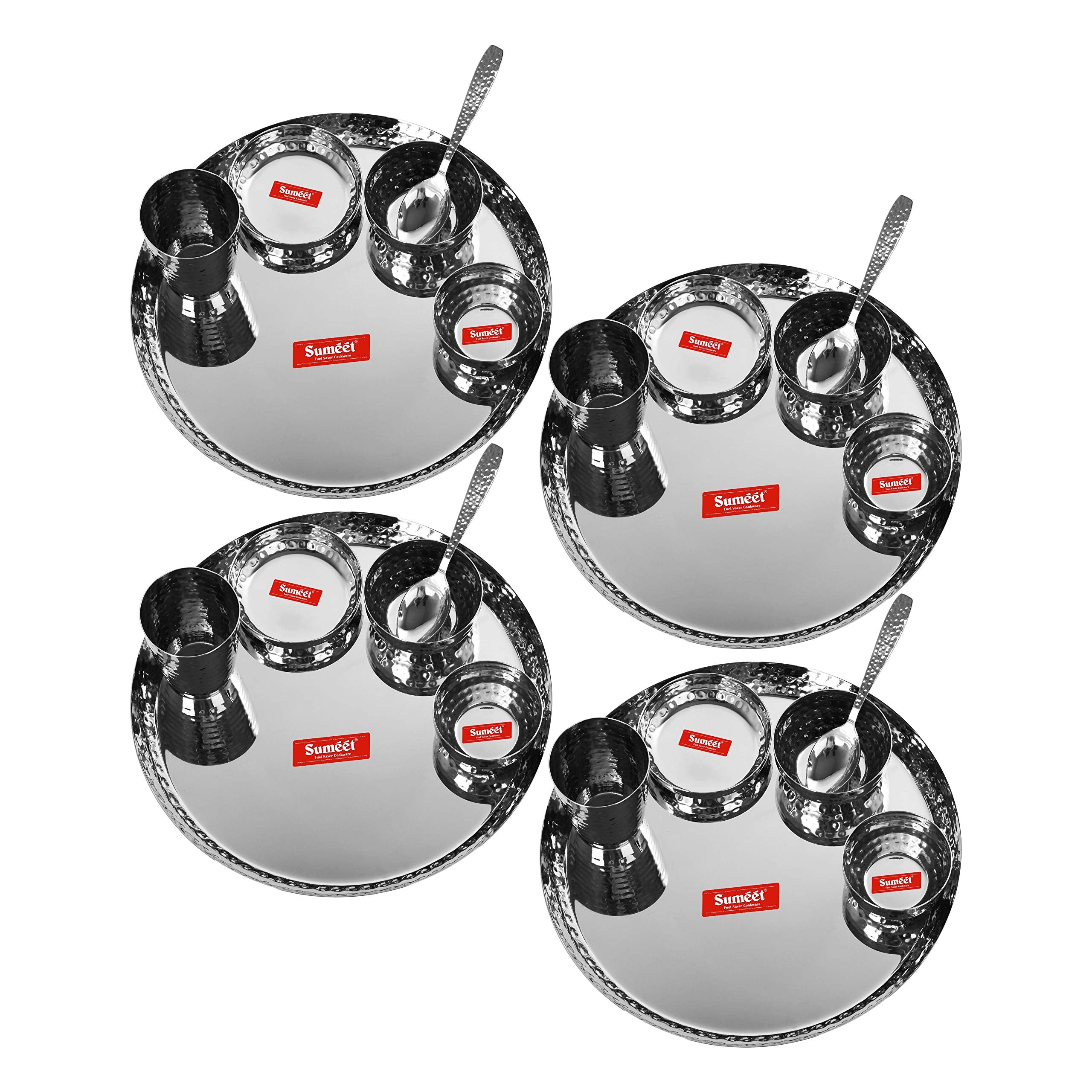 Sumeet Stainless Steel Handcrafted Hammered Texture Heavy Gauge Mirror Finish Royal Dinner set of 24 Pcs (4 Plate, 4 Small Halwa