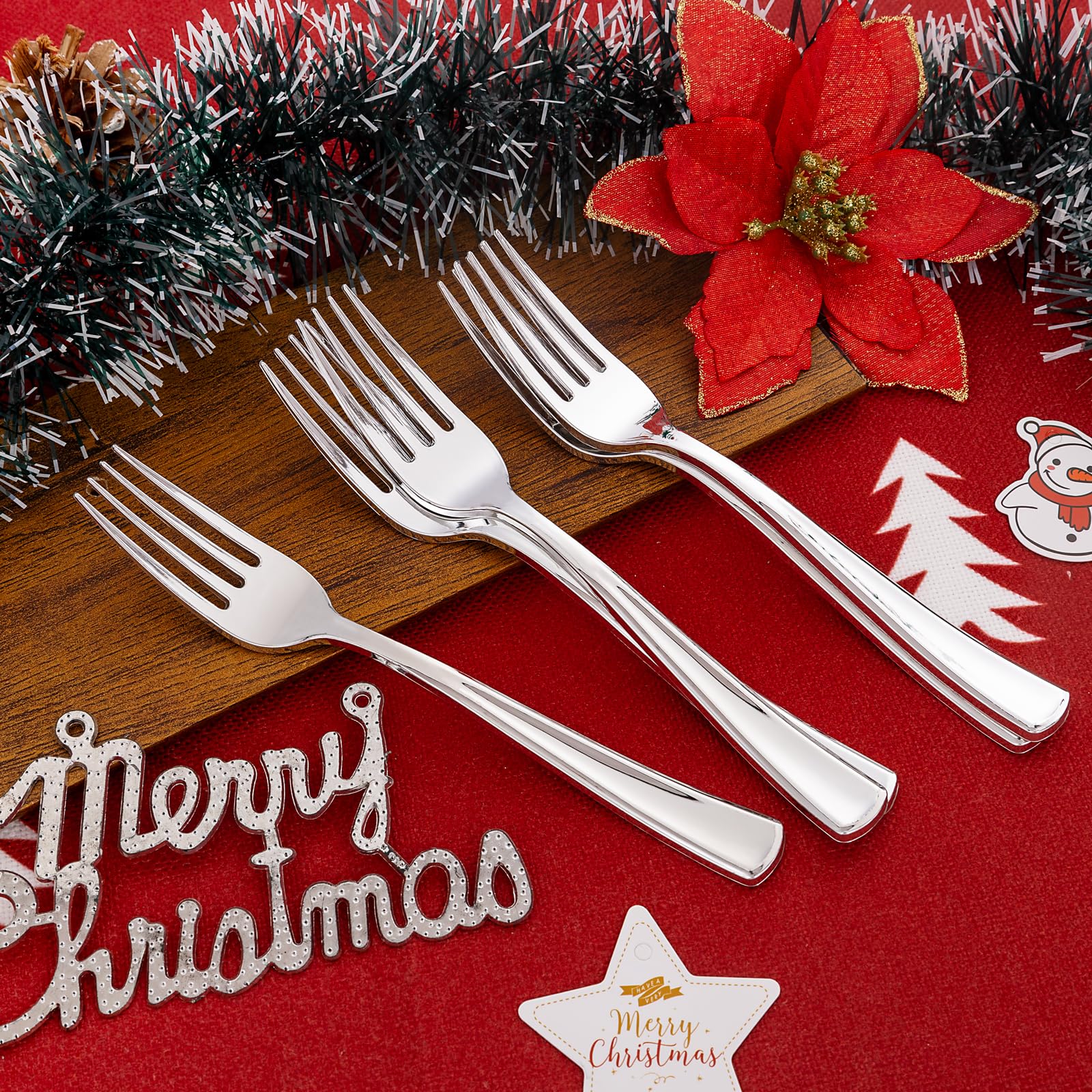 Liacere 200 Pack Silver Plastic Forks - 7.4 Inch Heavy Duty Plastic Forks - Heavyweight Silver Disposable Forks - Silver Plastic