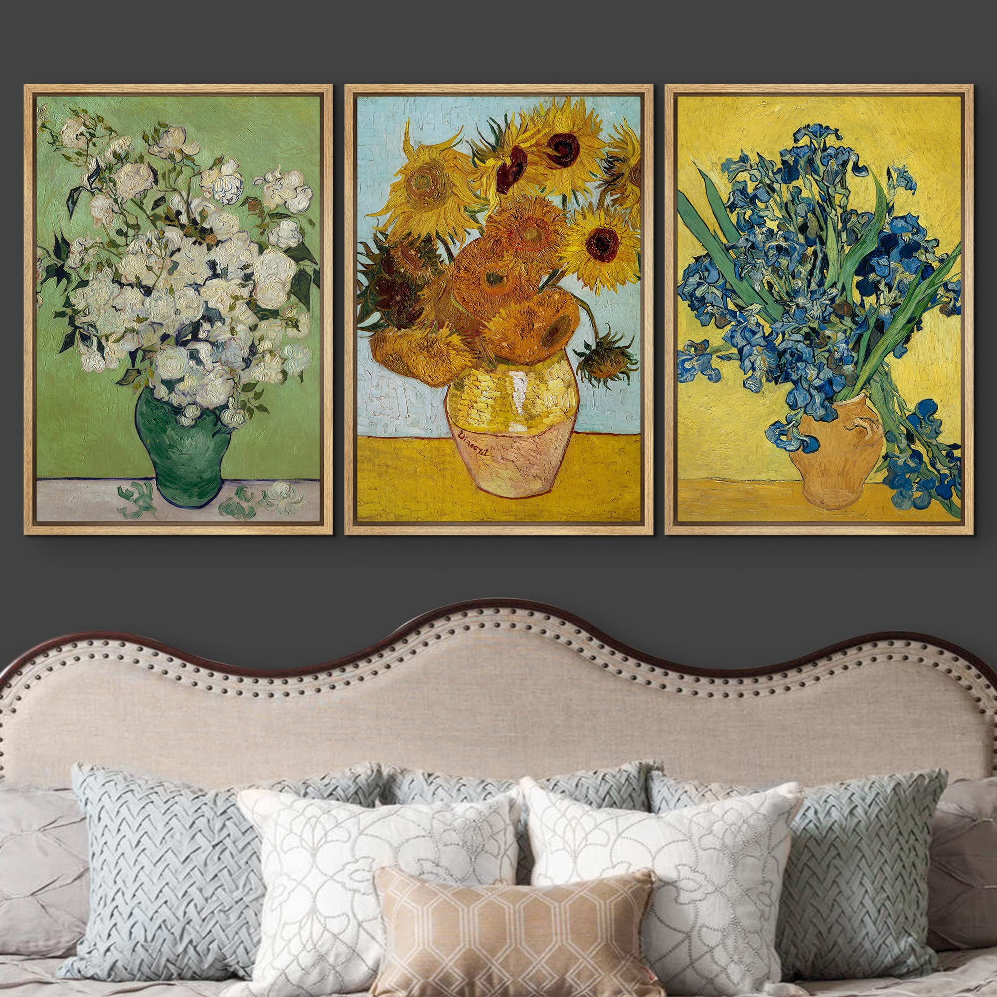 Wall26 Framed Canvas Print Wall Art Set Poppy, Sunflower, Iris Flower Trio Vincent Van Gogh Classical Illustrations Fine Art Dec