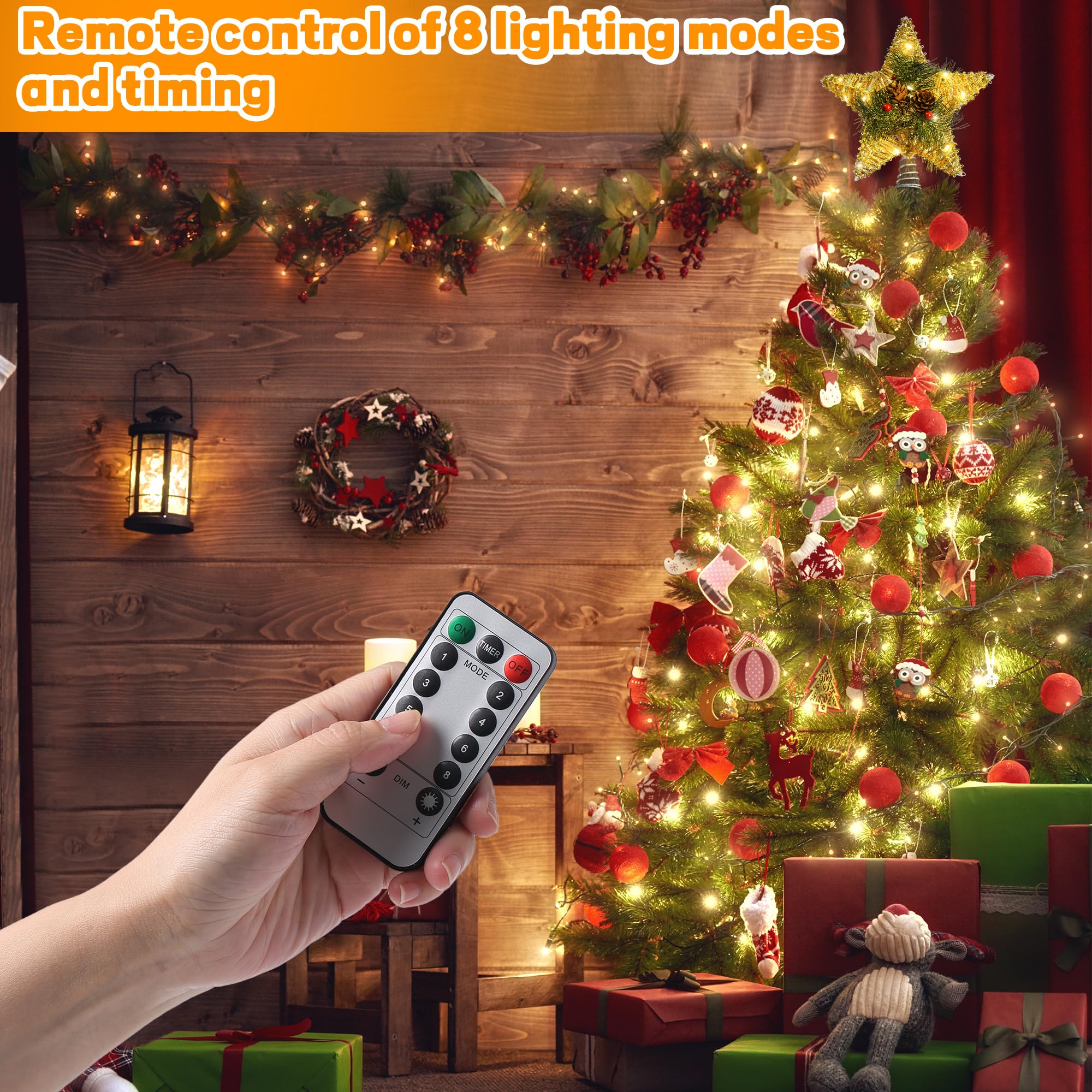 Christmas Tree Topper, 10 Gold Glittered Star with Hollow Design, Battery Operation Tree Topper Star with 20 LEDs for Christmas