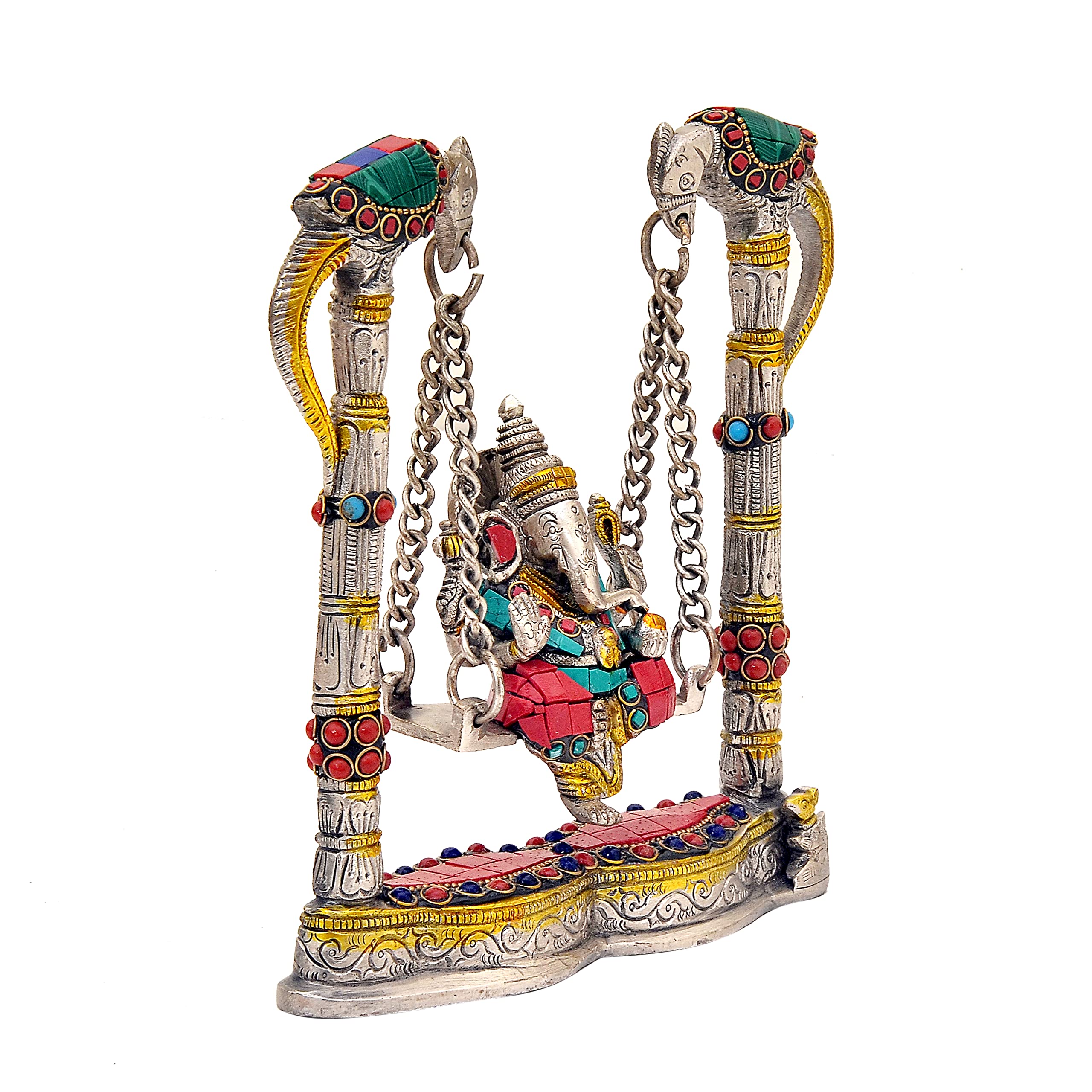 Aona Lord Ganesha On A Swing Jhula Brass Statue Idol, Height : 8 Inch