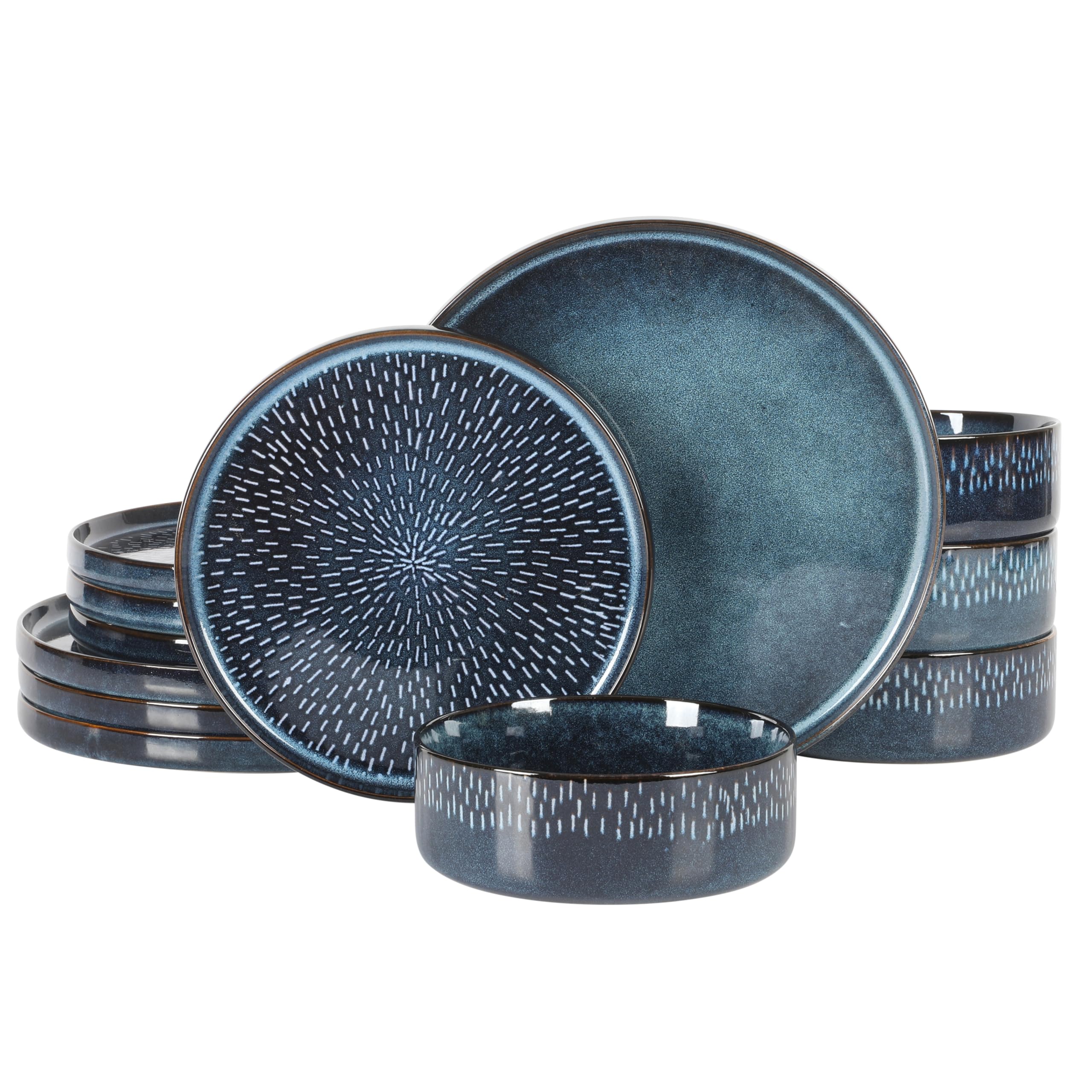 Gibson Elite 12 Piece Matisse Moderna Stoneware Reactive Glaze Plates and Bowls Dishes Dinnerware Set - Cobalt Blue