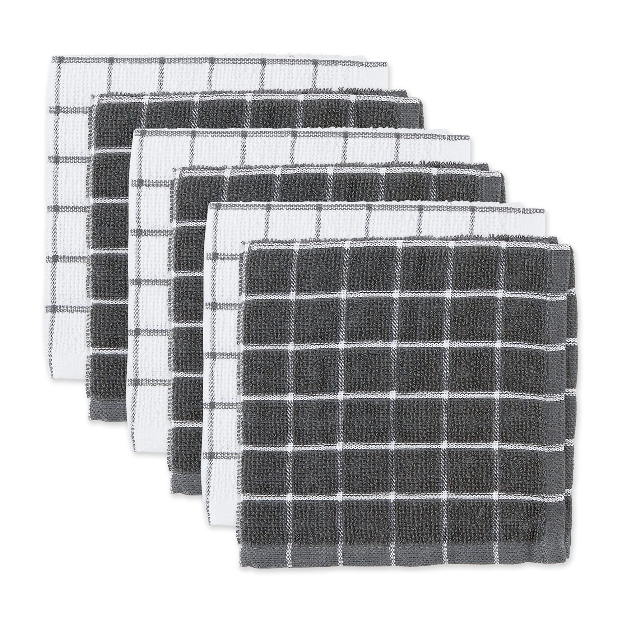 Dii Basic Terry Collection Windowpane Dishcloth Set, 12X12, Gray, 6 Piece