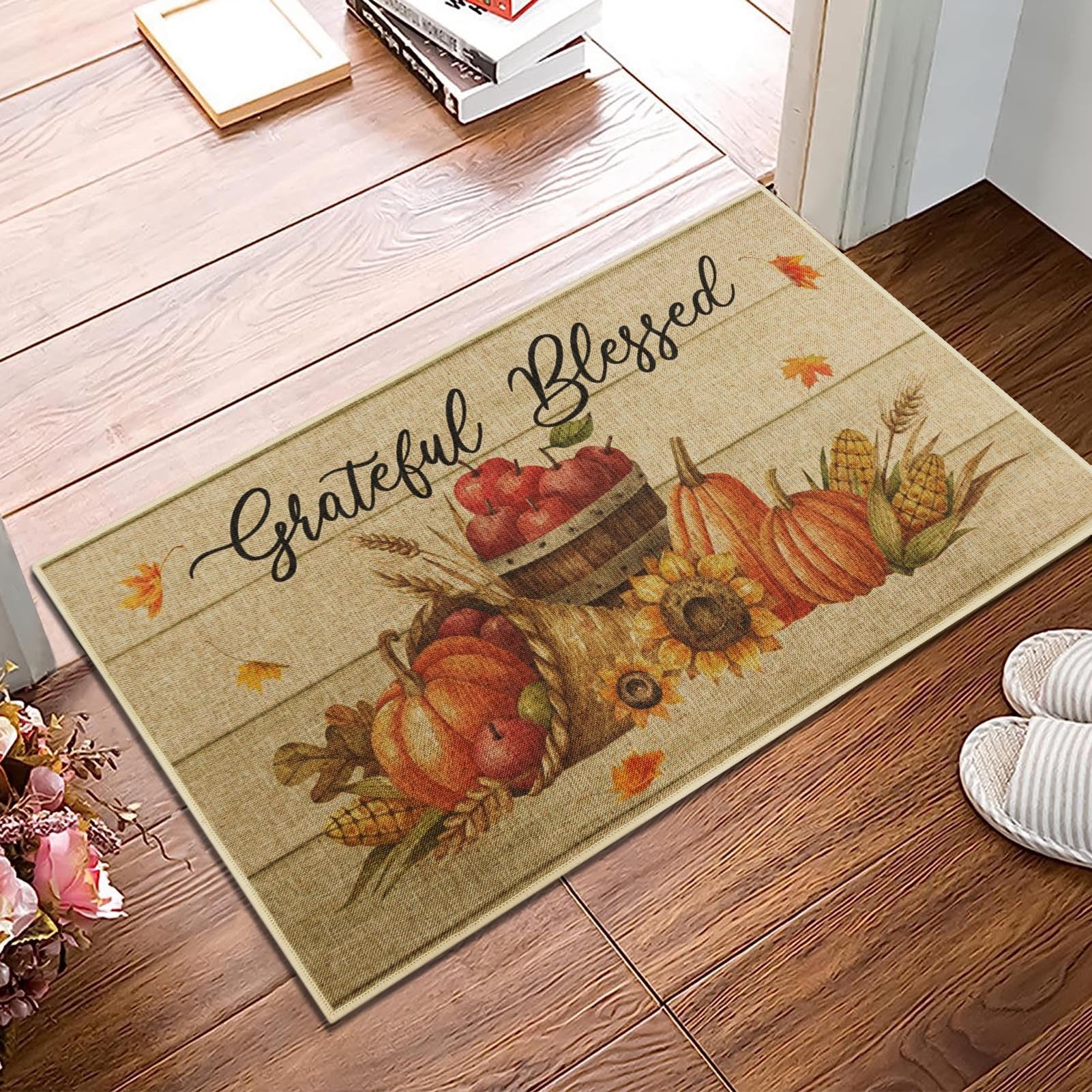 Arttown Sunflower Thanksgiving Flower Door Mat, Wood Brown Wooden Welcome Mat Doormat Outdoor Indoor Entrance Rug Floor Mat Non